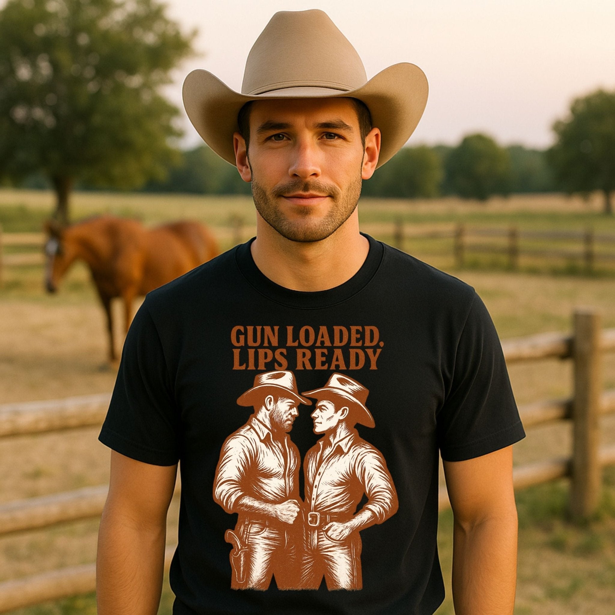 Gay Cowboy Shirt, Gun Loaded Lips Ready Tee, Sexy Western T-Shirt for Him, Rugged Romance Top, Funny LGBTQ Gift, Mlm Country Pride Tee - Craig Michael Design