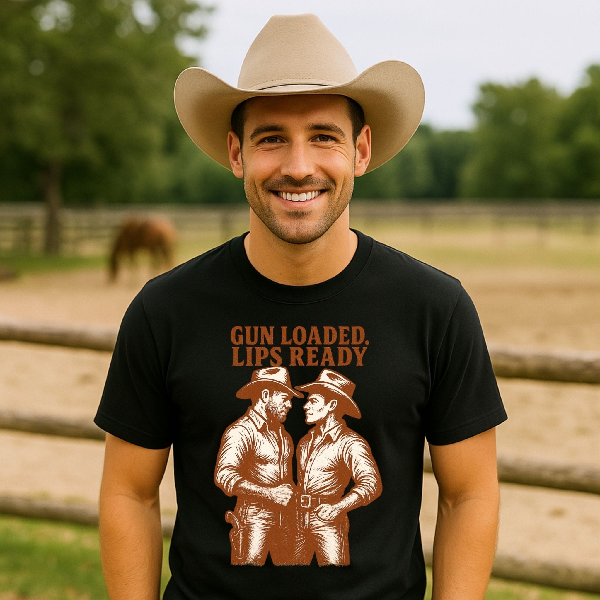 Gay Cowboy Shirt, Gun Loaded Lips Ready Tee, Sexy Western T-Shirt for Him, Rugged Romance Top, Funny LGBTQ Gift, Mlm Country Pride Tee - Craig Michael Design