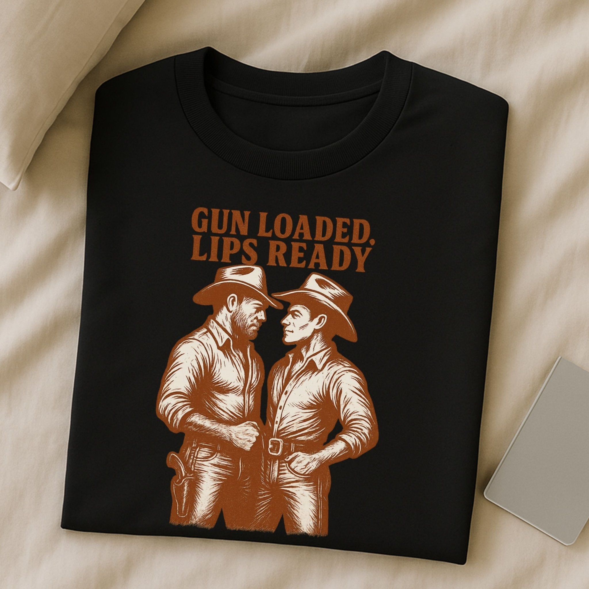 Gay Cowboy Shirt, Gun Loaded Lips Ready Tee, Sexy Western T-Shirt for Him, Rugged Romance Top, Funny LGBTQ Gift, Mlm Country Pride Tee - Craig Michael Design