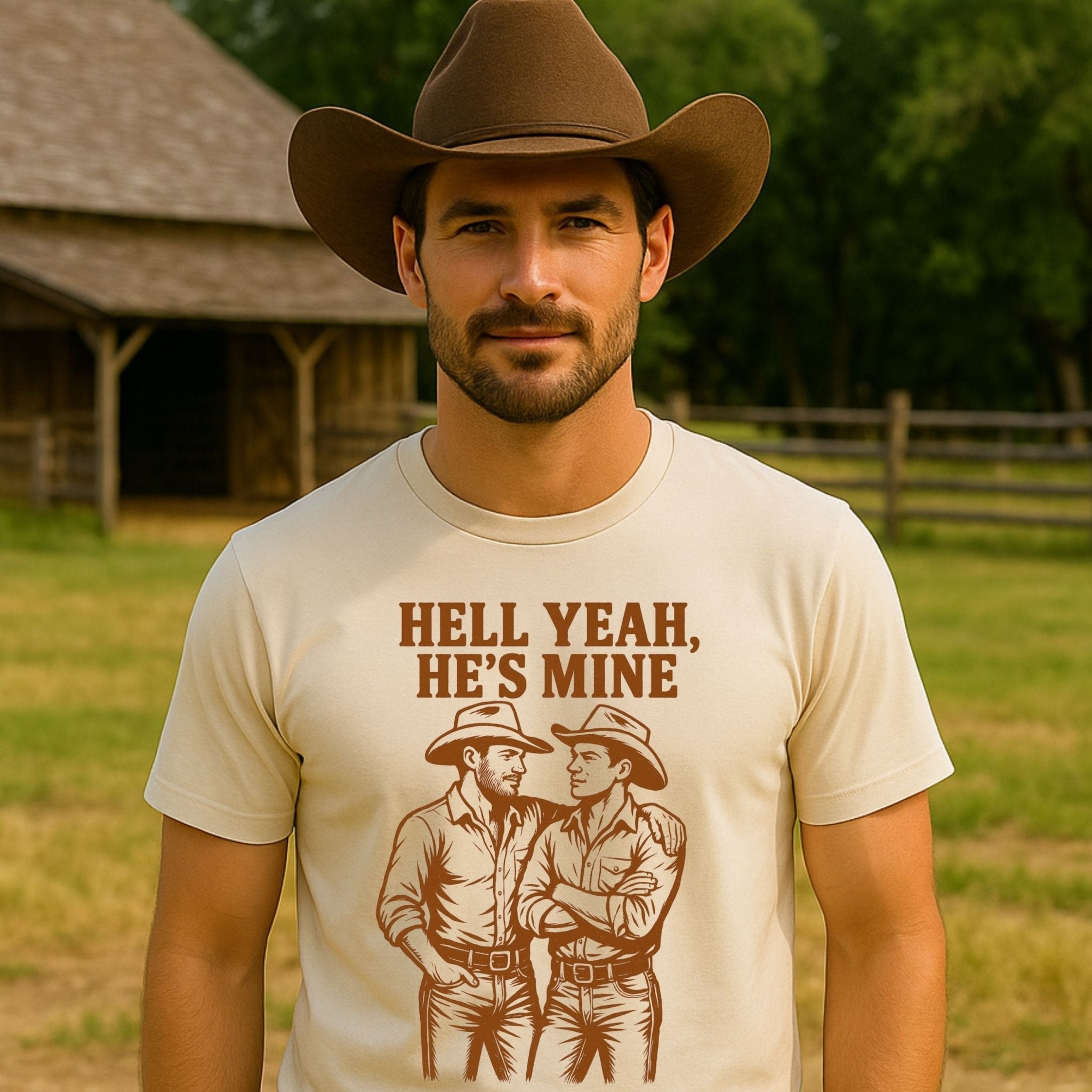 Gay Cowboy Shirt, Mlm Boyfriend Pride Tee, 'Hell Yeah, He's Mine' - Craig Michael Design