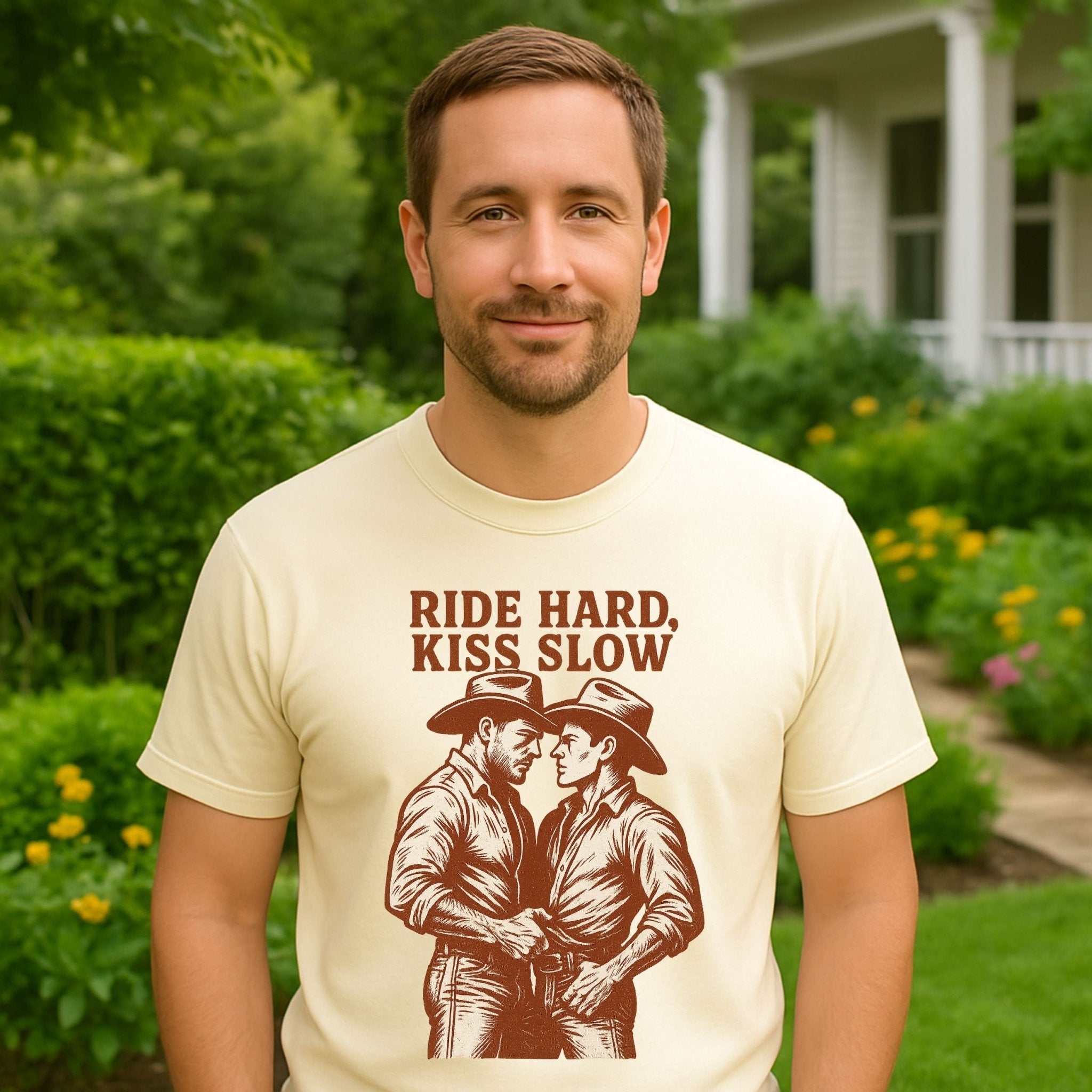Gay Cowboy Shirt, Ride Hard Kiss Slow Tee, Western Style Mlm T-Shirt, Funny Gay Gift for Him, Rustic Cowboy Couple Pride Top - Craig Michael Design