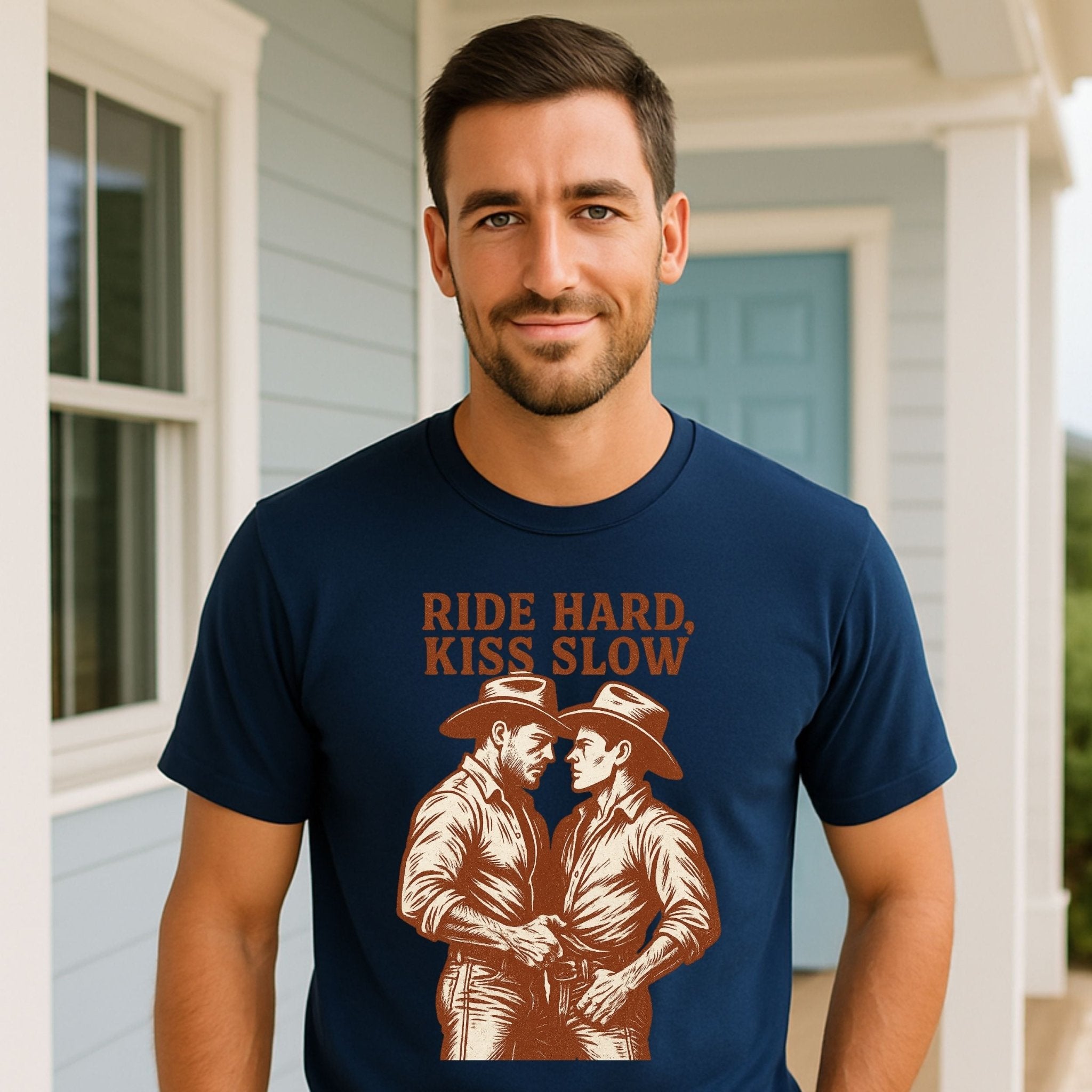 Gay Cowboy Shirt, Ride Hard Kiss Slow Tee, Western Style Mlm T-Shirt, Funny Gay Gift for Him, Rustic Cowboy Couple Pride Top - Craig Michael Design