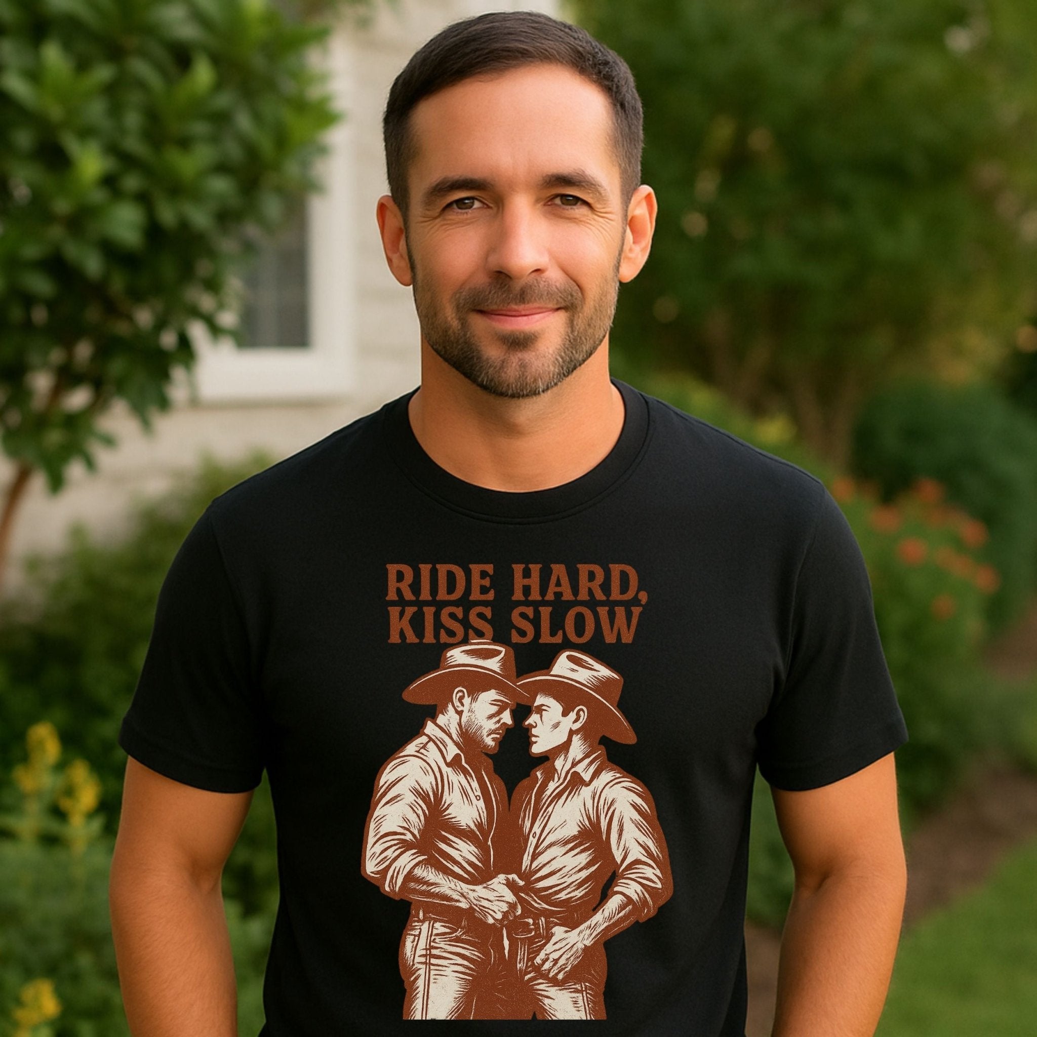 Gay Cowboy Shirt, Ride Hard Kiss Slow Tee, Western Style Mlm T-Shirt, Funny Gay Gift for Him, Rustic Cowboy Couple Pride Top - Craig Michael Design