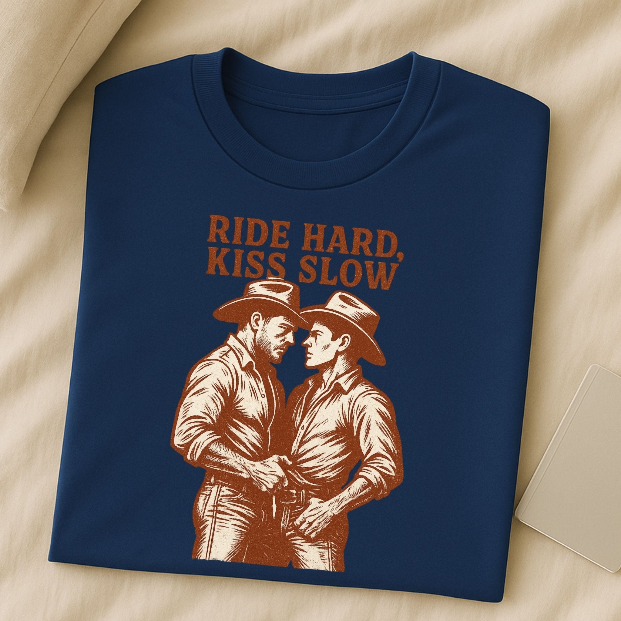 Gay Cowboy Shirt, Ride Hard Kiss Slow Tee, Western Style Mlm T-Shirt, Funny Gay Gift for Him, Rustic Cowboy Couple Pride Top - Craig Michael Design