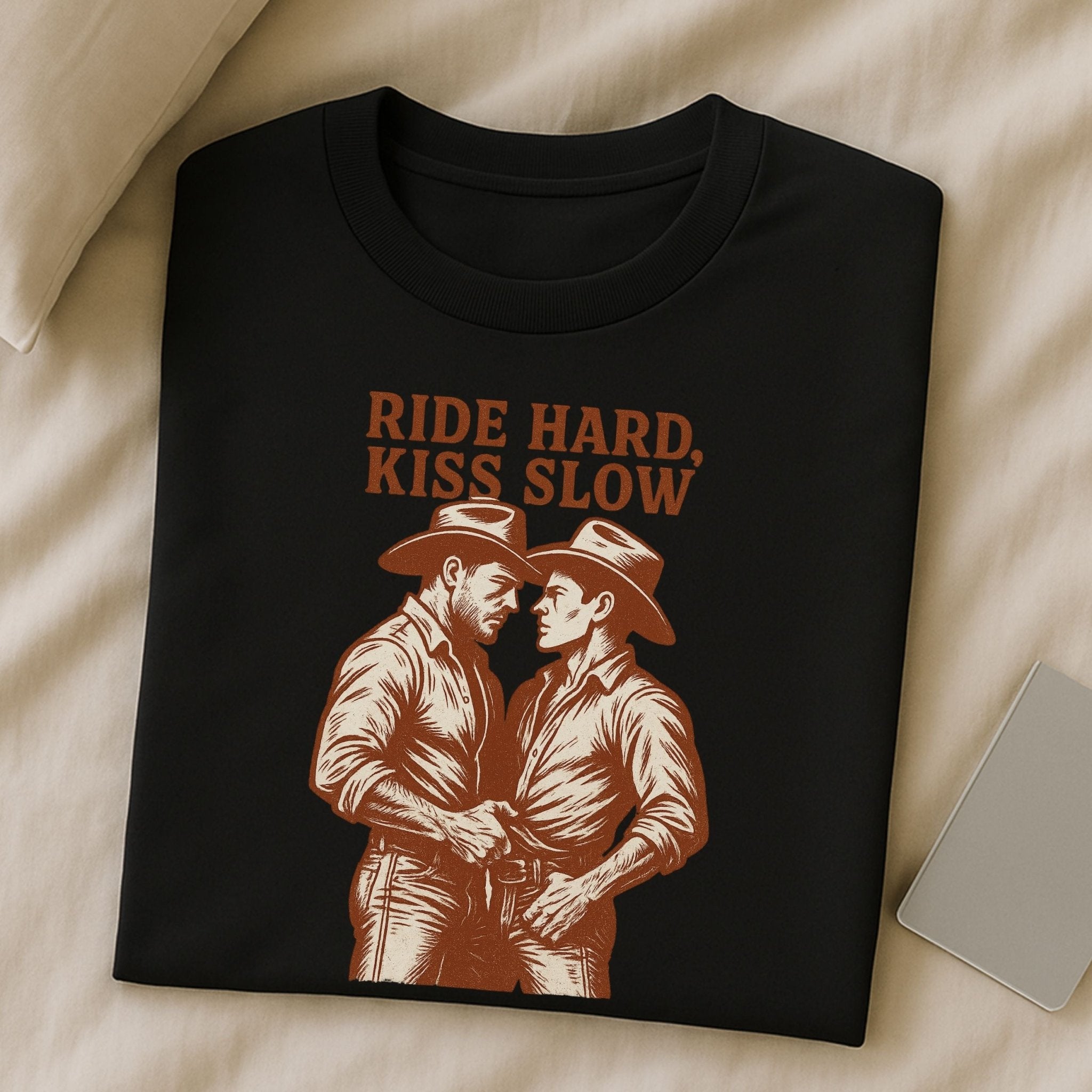 Gay Cowboy Shirt, Ride Hard Kiss Slow Tee, Western Style Mlm T-Shirt, Funny Gay Gift for Him, Rustic Cowboy Couple Pride Top - Craig Michael Design