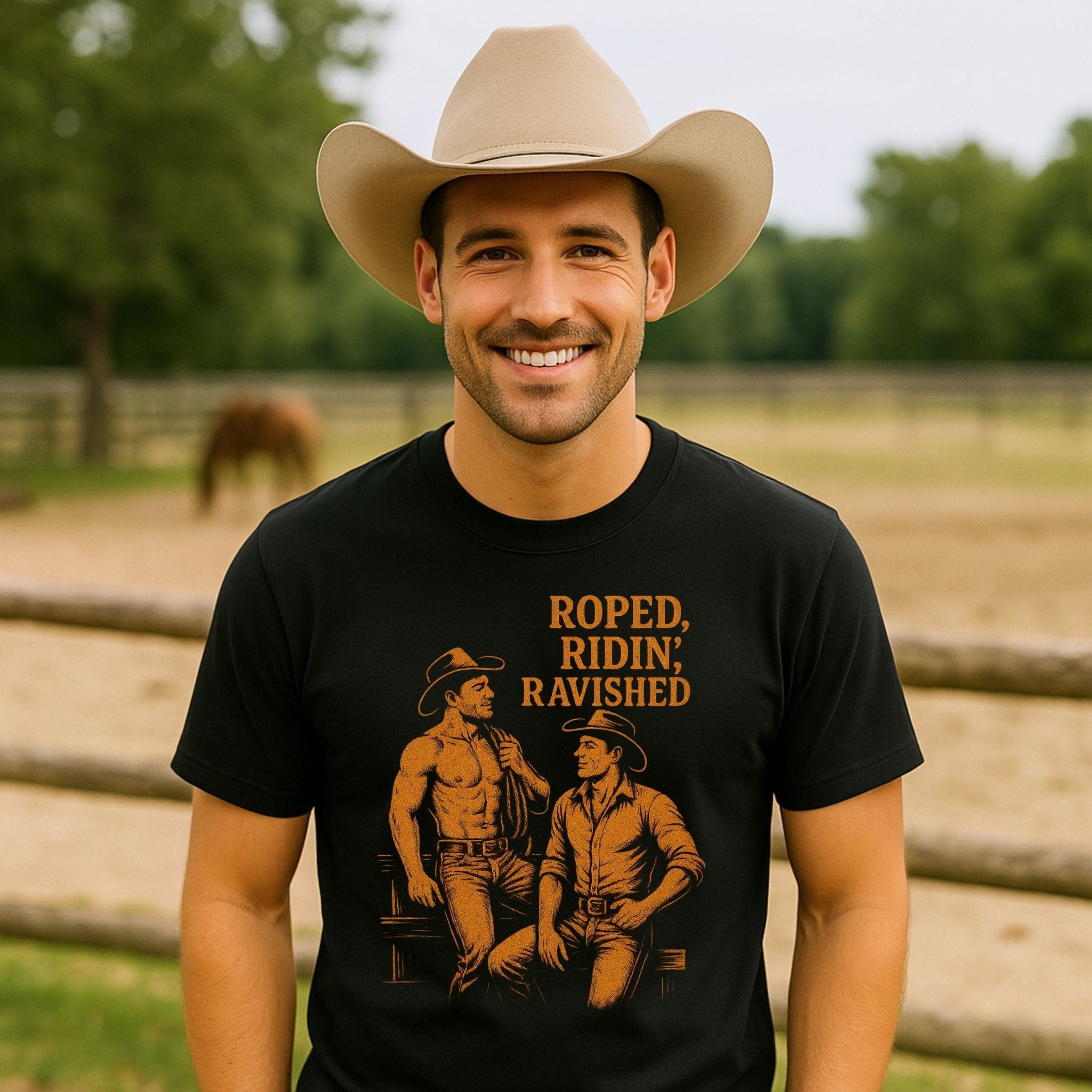 Gay Cowboy Shirt, 'Roped Ridin Ravished' Tee, Funny Western T-Shirt for Him - Craig Michael Design