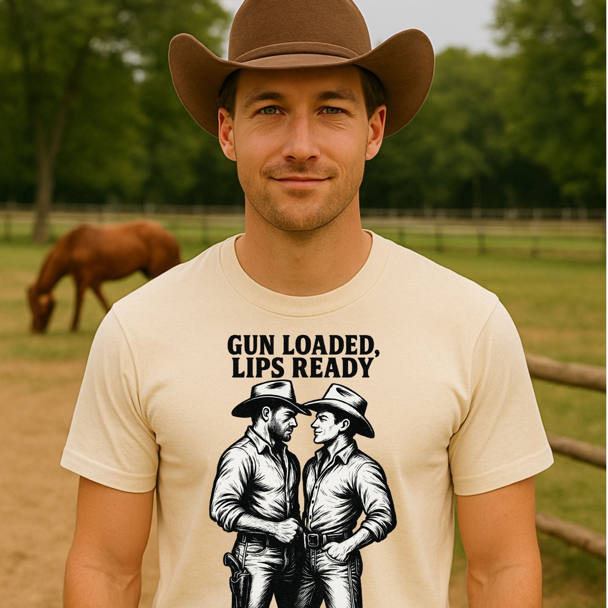 Gay Cowboy Shirt, Vintage Western Romance Tee, 'Gun Loaded Lips Ready'T-Shirt - Craig Michael Design