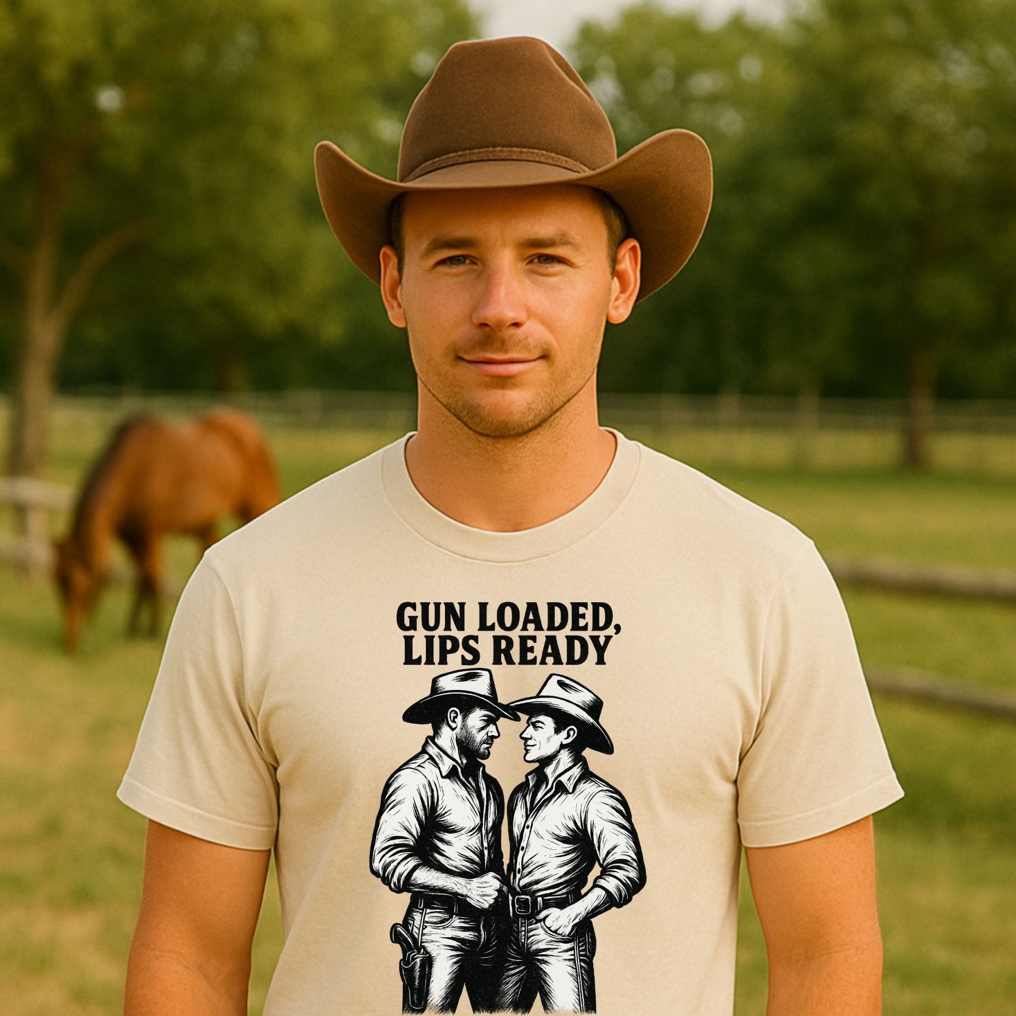 Gay Cowboy Shirt, Vintage Western Romance Tee, 'Gun Loaded Lips Ready'T-Shirt - Craig Michael Design