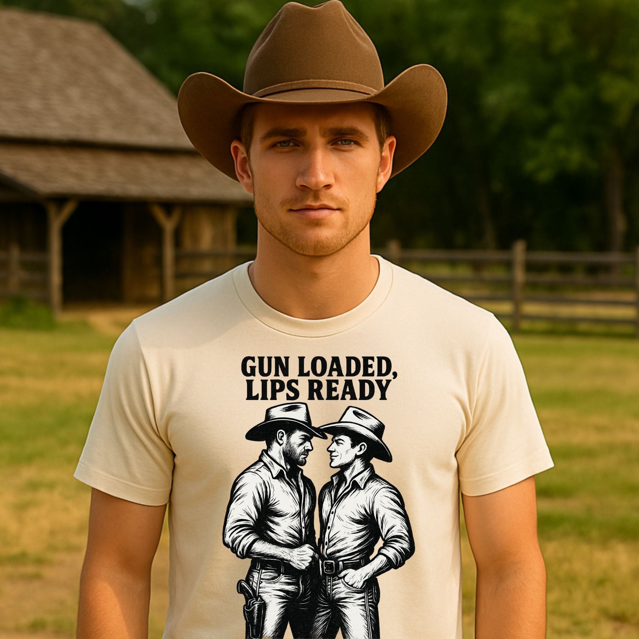 Gay Cowboy Shirt, Vintage Western Romance Tee, 'Gun Loaded Lips Ready'T-Shirt - Craig Michael Design