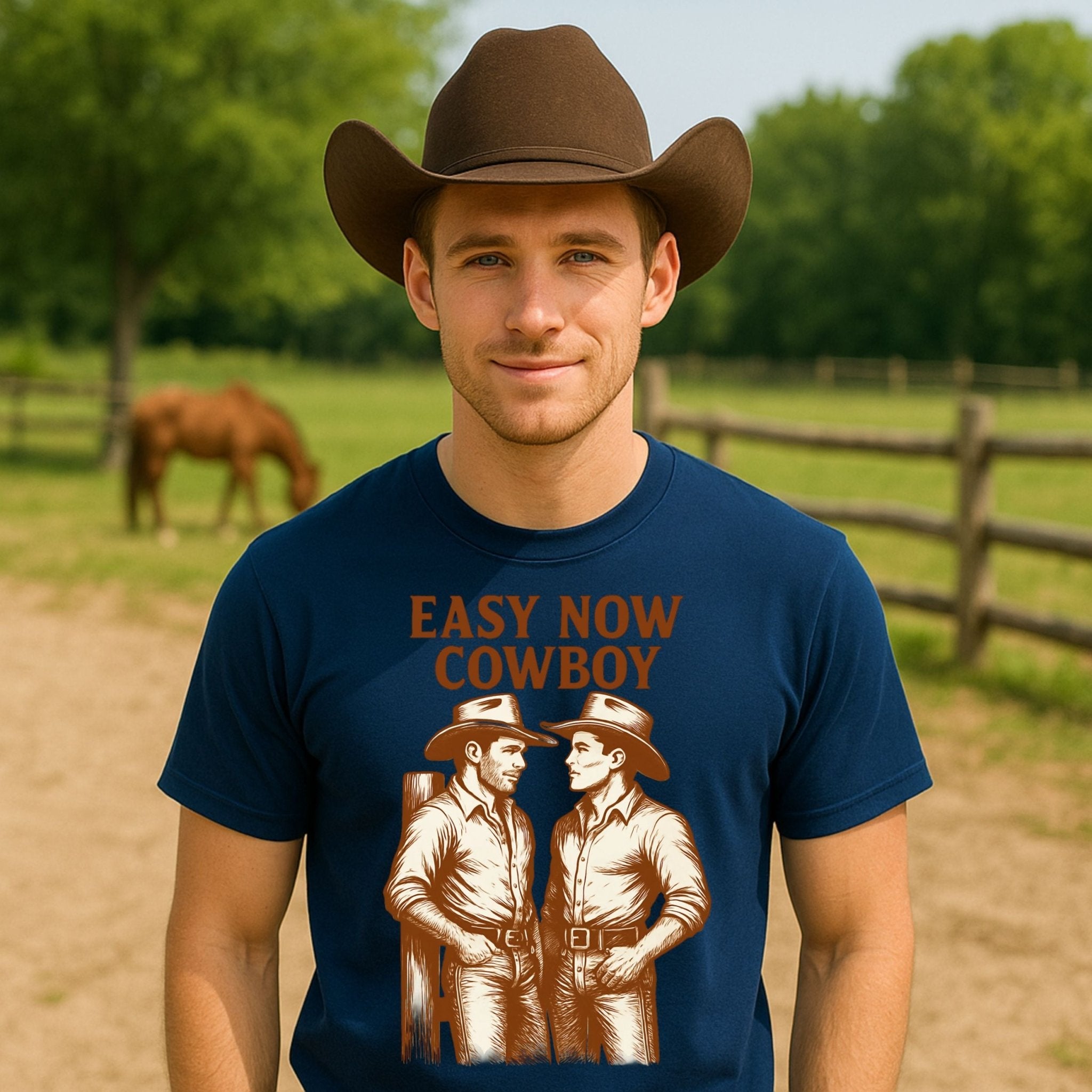 Gay Cowboy Shirt, Western Style Mlm T-Shirt, Easy Now Cowboy Graphic Tee, Rustic Ranch Gift for Him, Hot Gay Romance Top - Craig Michael Design