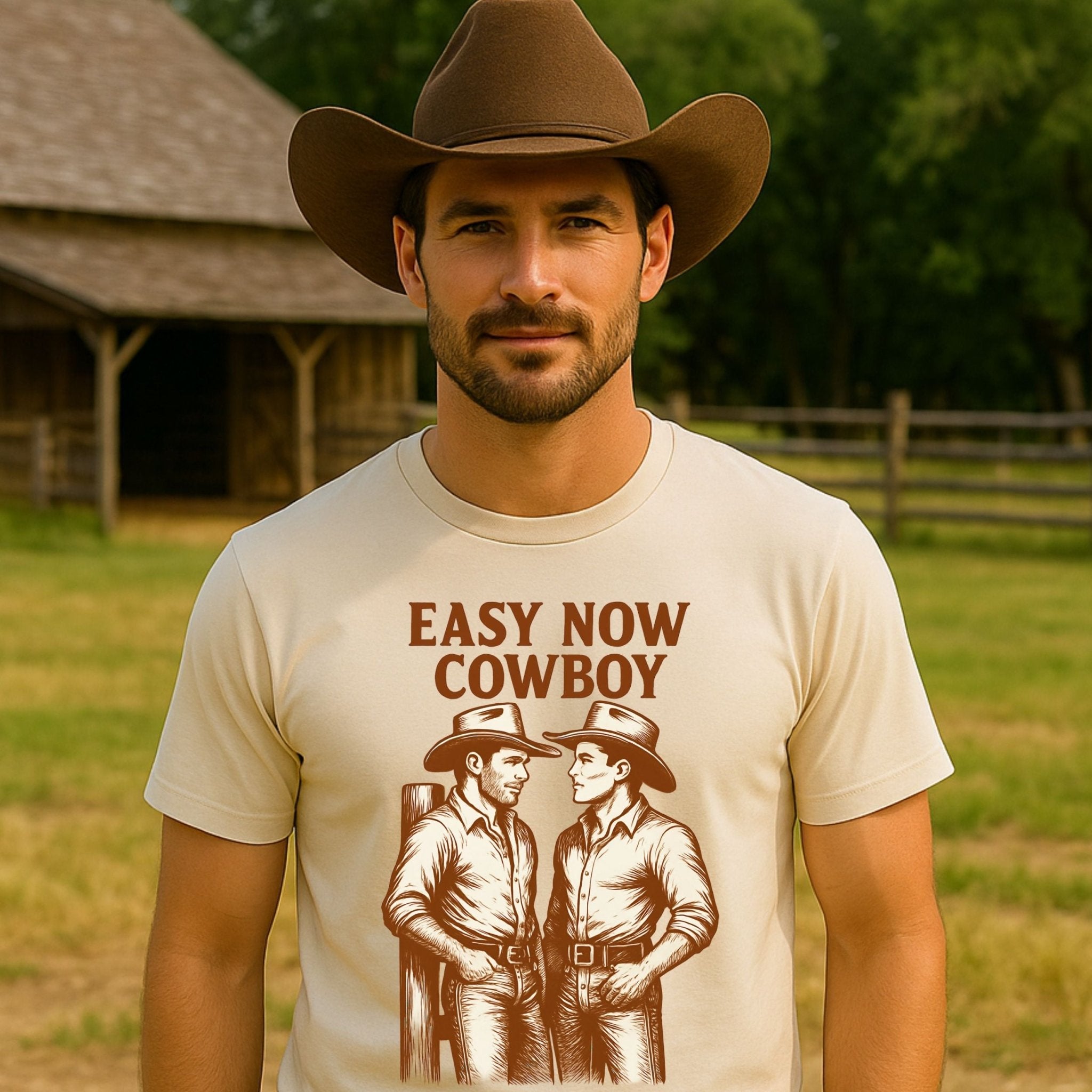 Gay Cowboy Shirt, Western Style Mlm T-Shirt, Easy Now Cowboy Graphic Tee, Rustic Ranch Gift for Him, Hot Gay Romance Top - Craig Michael Design