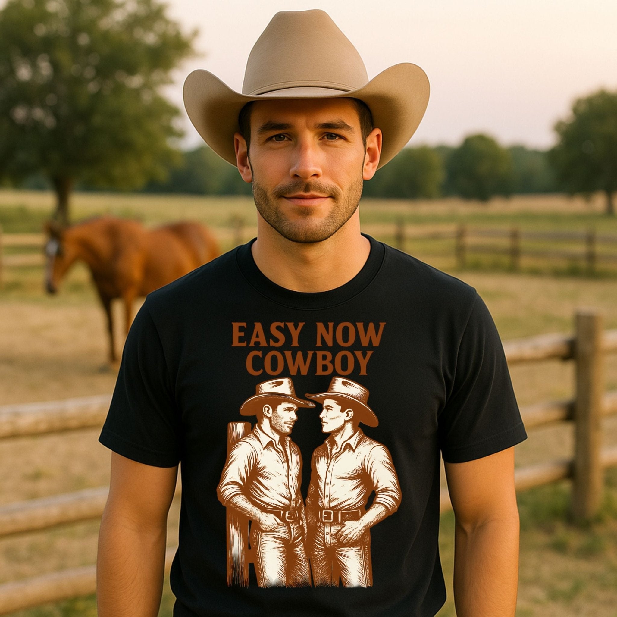 Gay Cowboy Shirt, Western Style Mlm T-Shirt, Easy Now Cowboy Graphic Tee, Rustic Ranch Gift for Him, Hot Gay Romance Top - Craig Michael Design