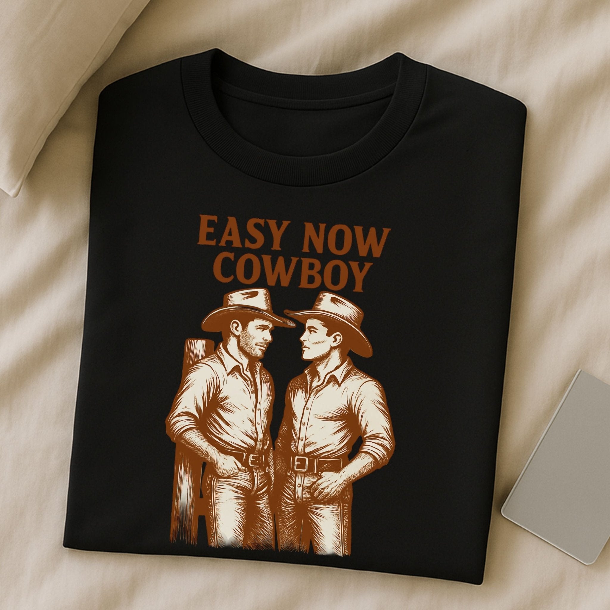 Gay Cowboy Shirt, Western Style Mlm T-Shirt, Easy Now Cowboy Graphic Tee, Rustic Ranch Gift for Him, Hot Gay Romance Top - Craig Michael Design