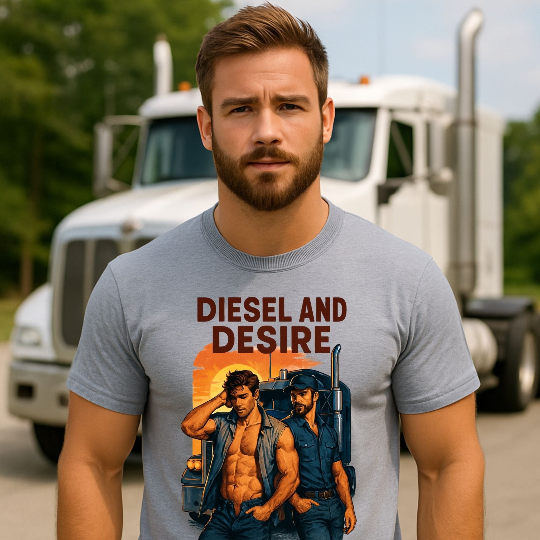 Gay Roadside Muscle Shirt — Fetish Diesel Tee for Him, Rough Daddy Trucker T-Shirt, Diesel and Desire - Craig Michael Design