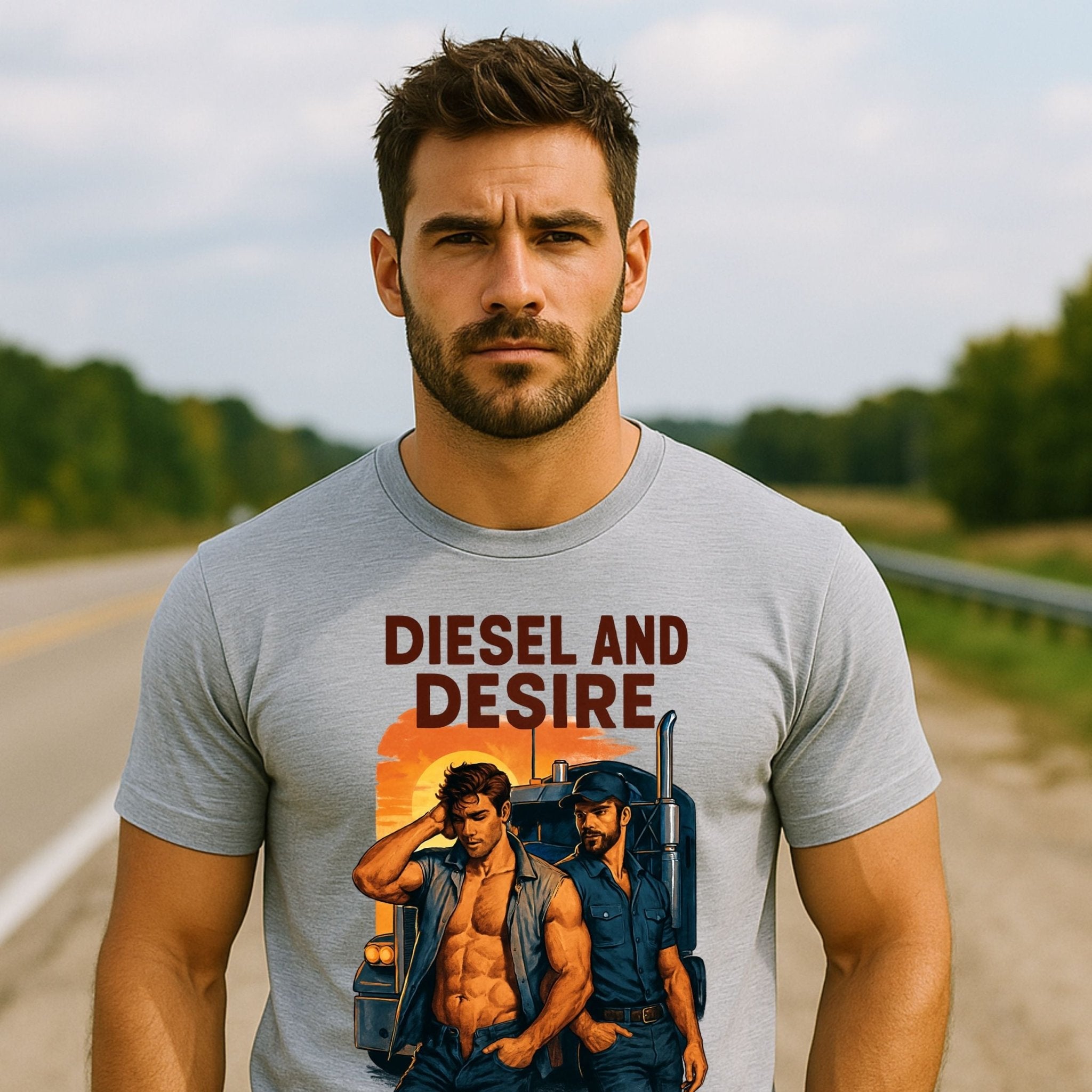 Gay Roadside Muscle Shirt — Fetish Diesel Tee for Him, Rough Daddy Trucker T-Shirt, Diesel and Desire - Craig Michael Design