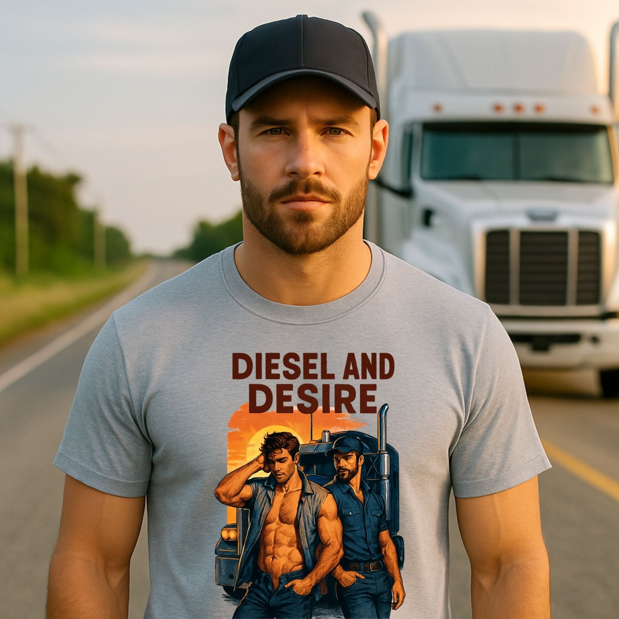 Gay Roadside Muscle Shirt — Fetish Diesel Tee for Him, Rough Daddy Trucker T-Shirt, Diesel and Desire - Craig Michael Design