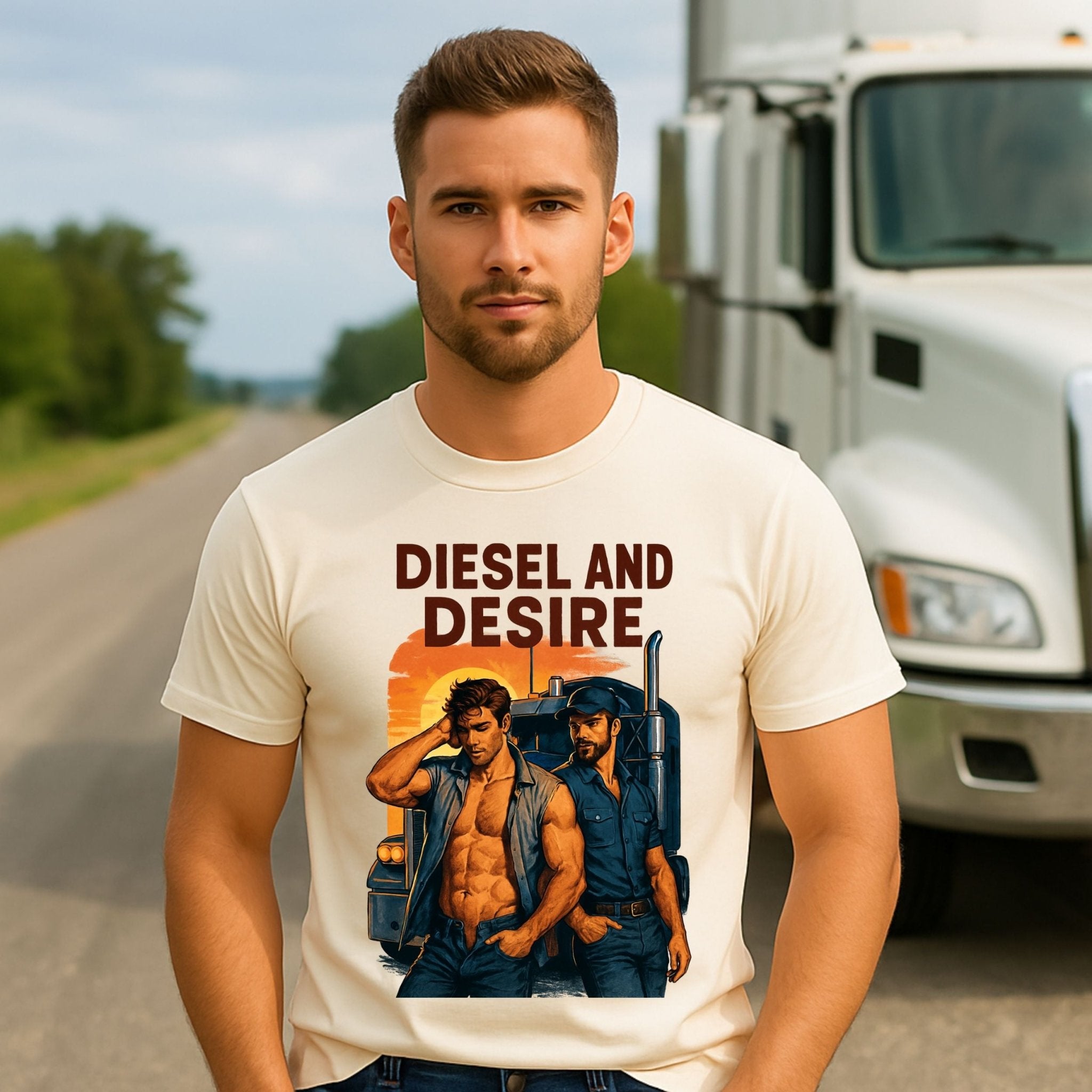 Gay Roadside Muscle Shirt — Fetish Diesel Tee for Him, Rough Daddy Trucker T-Shirt, Diesel and Desire - Craig Michael Design