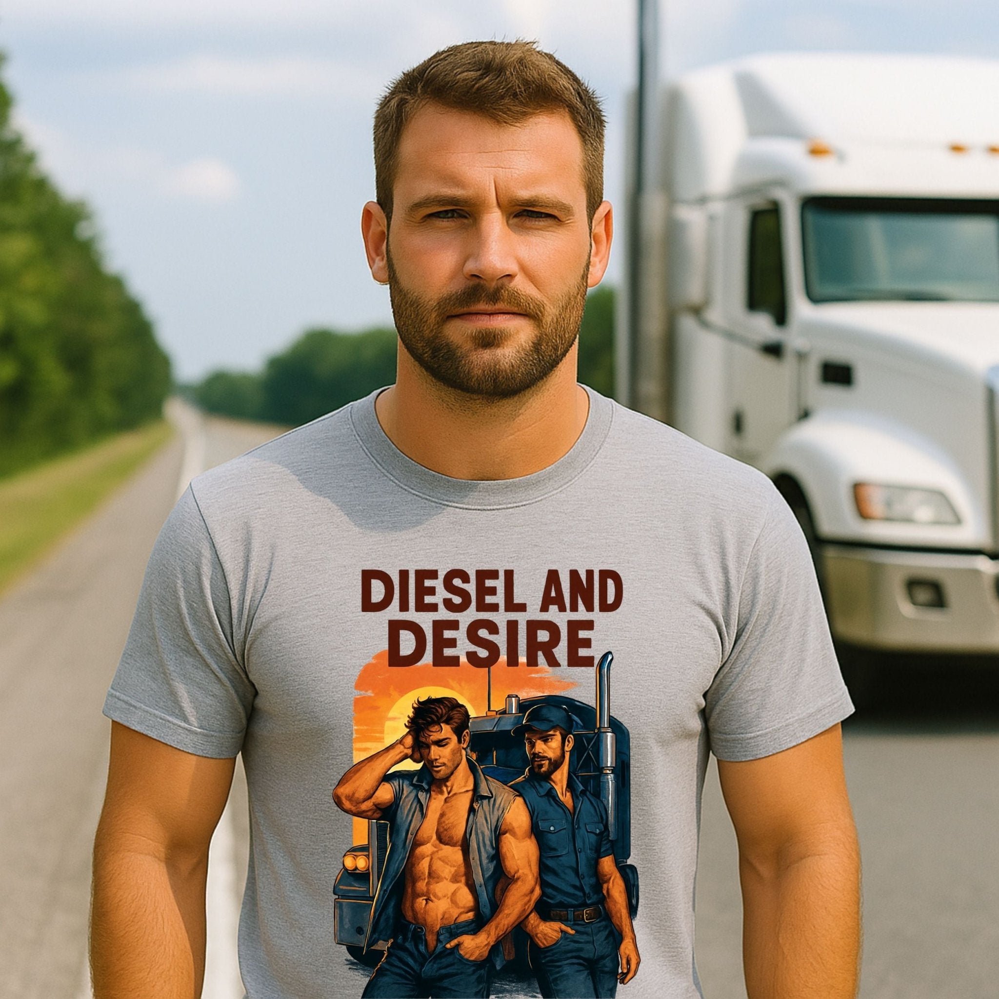Gay Roadside Muscle Shirt — Fetish Diesel Tee for Him, Rough Daddy Trucker T-Shirt, Diesel and Desire - Craig Michael Design