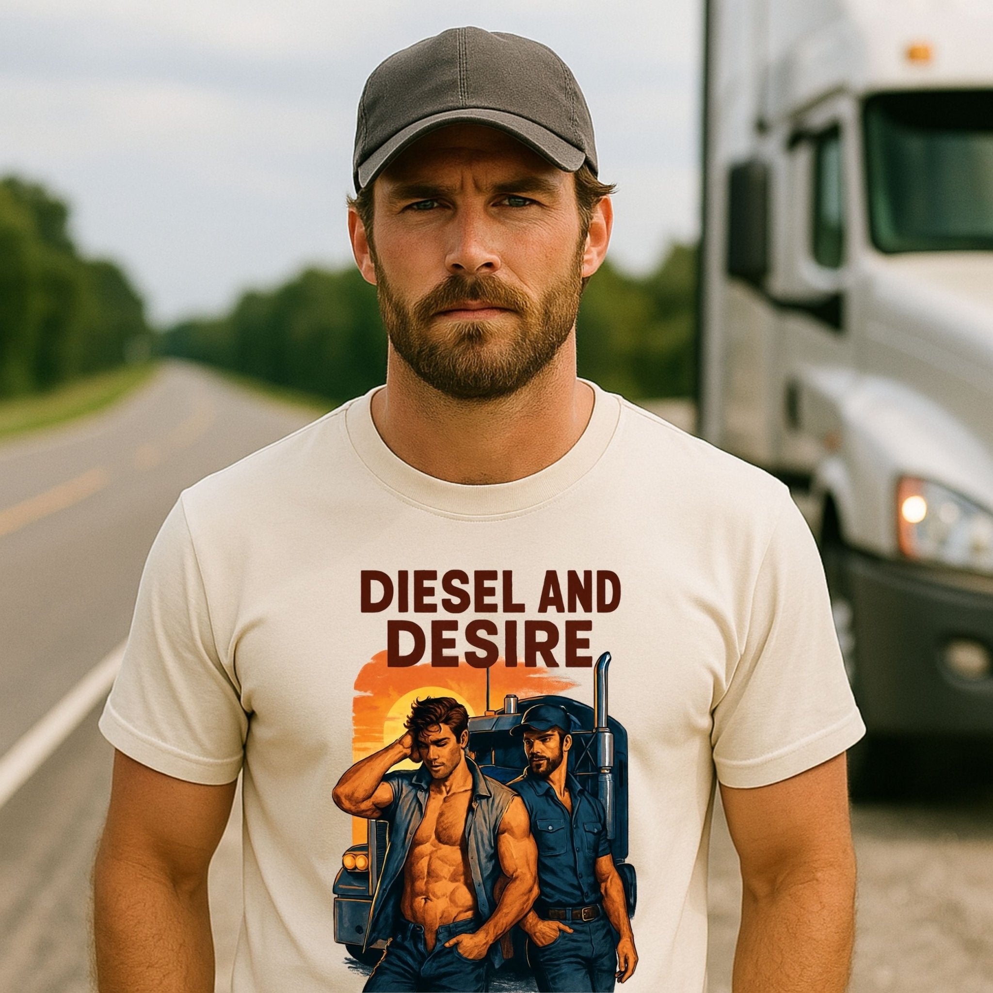 Gay Roadside Muscle Shirt — Fetish Diesel Tee for Him, Rough Daddy Trucker T-Shirt, Diesel and Desire - Craig Michael Design