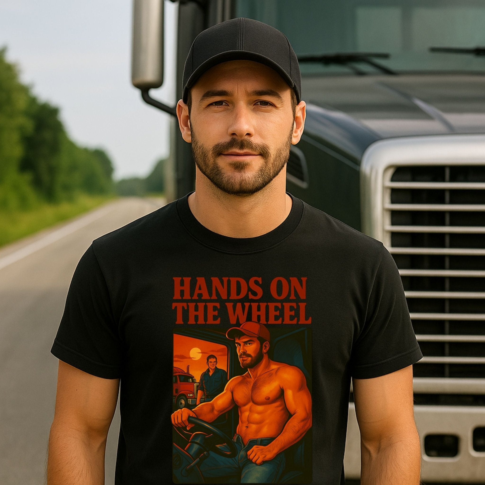 Gay Trucker Shirt — Bold Daddy T-Shirt, Sultry Semi Cab Top for Him, Hands on the Wheel - Craig Michael Design