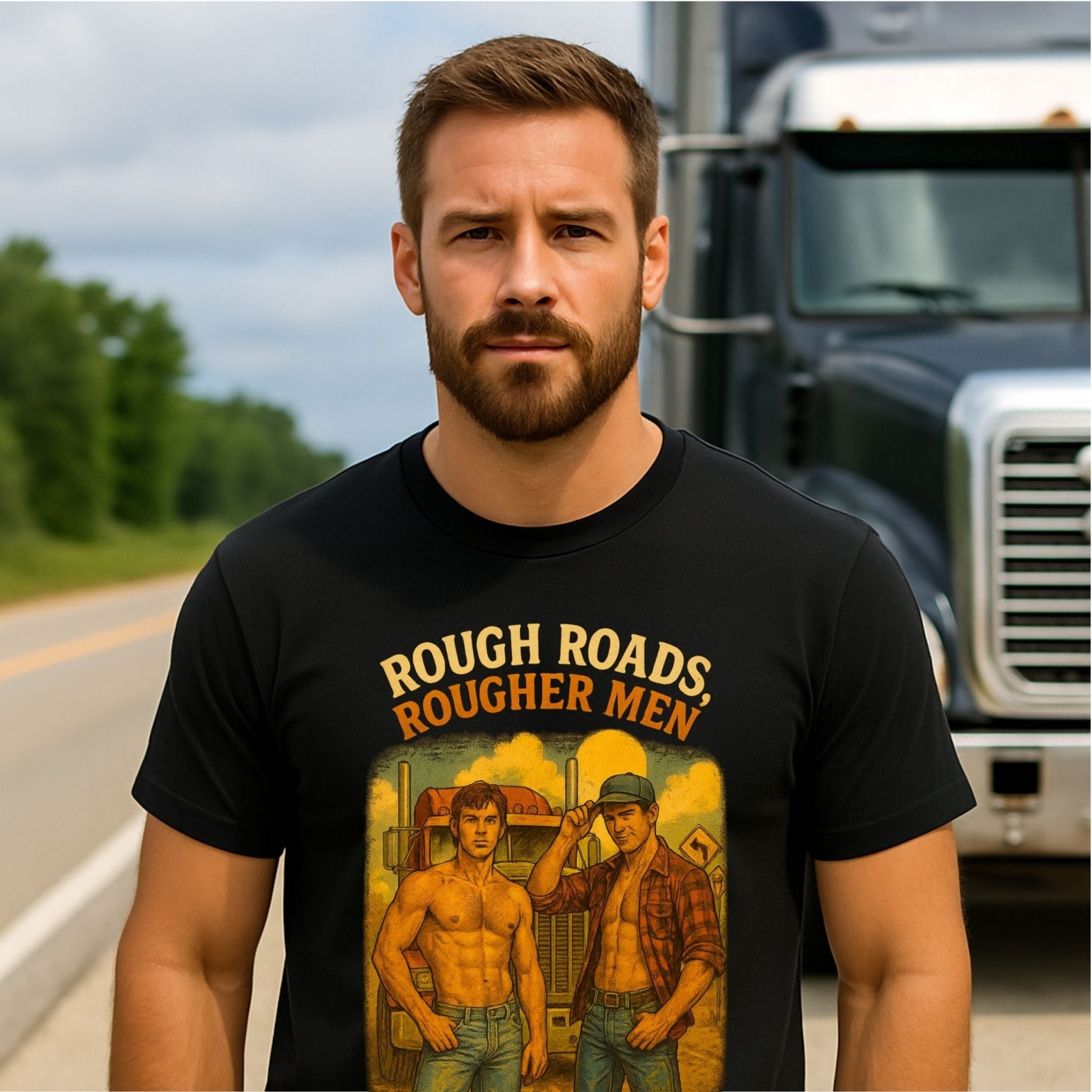 Gay Trucker Shirt — Rough Ride Daddy Tee, Muscle Fetish Top, Rough Roads Rougher Men - Craig Michael Design