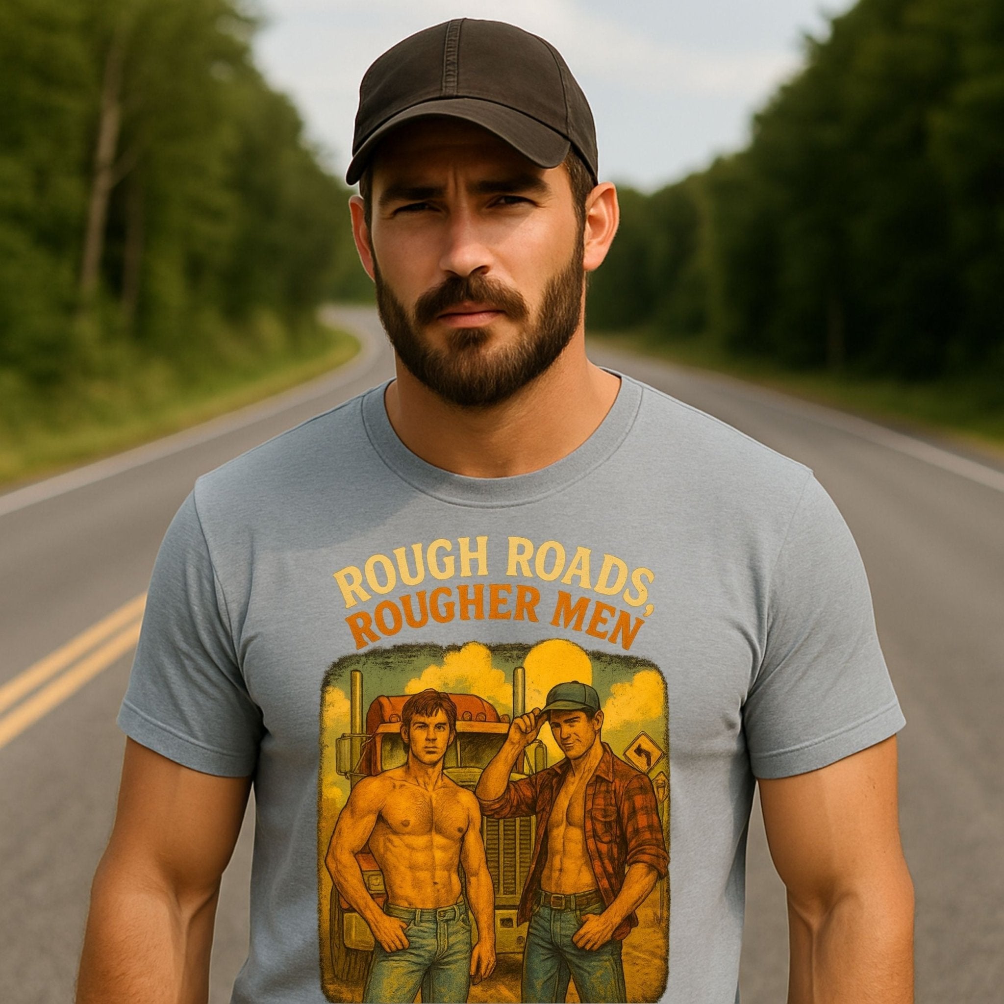 Gay Trucker Shirt — Rough Ride Daddy Tee, Muscle Fetish Top, Rough Roads Rougher Men - Craig Michael Design