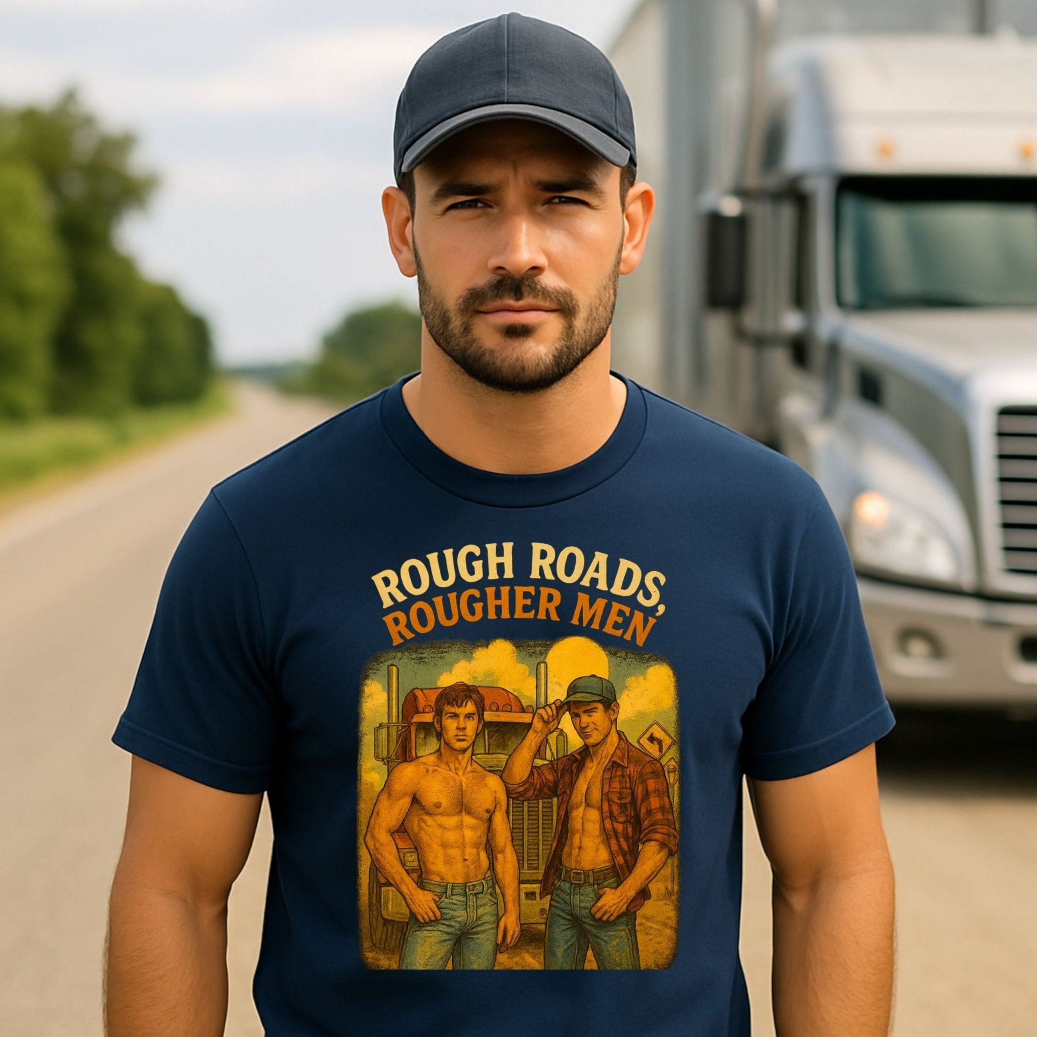 Gay Trucker Shirt — Rough Ride Daddy Tee, Muscle Fetish Top, Rough Roads Rougher Men - Craig Michael Design