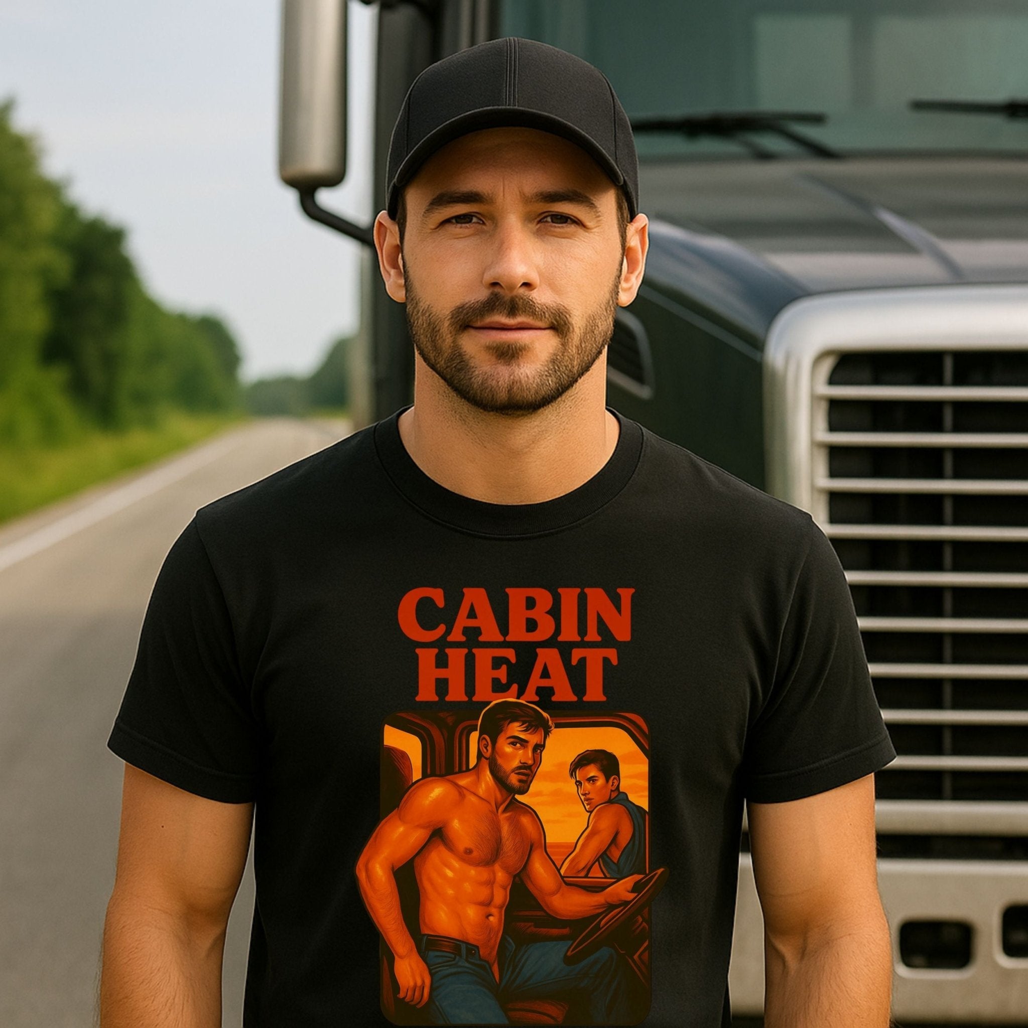 Gay Trucker T-Shirt — Hot Semi Cab Scene Shirt for Him, Bold Muscle Daddy Top, Cabin Heat - Craig Michael Design