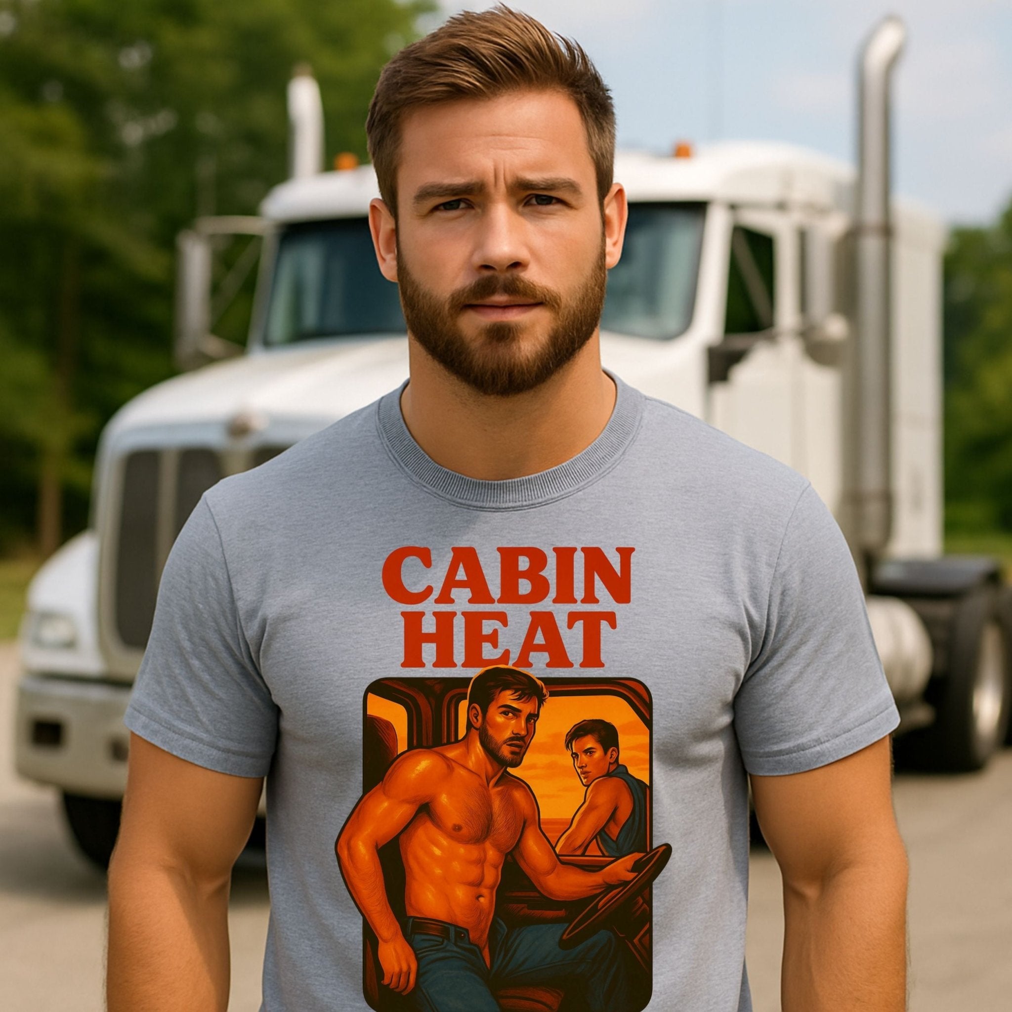 Gay Trucker T-Shirt — Hot Semi Cab Scene Shirt for Him, Bold Muscle Daddy Top, Cabin Heat - Craig Michael Design