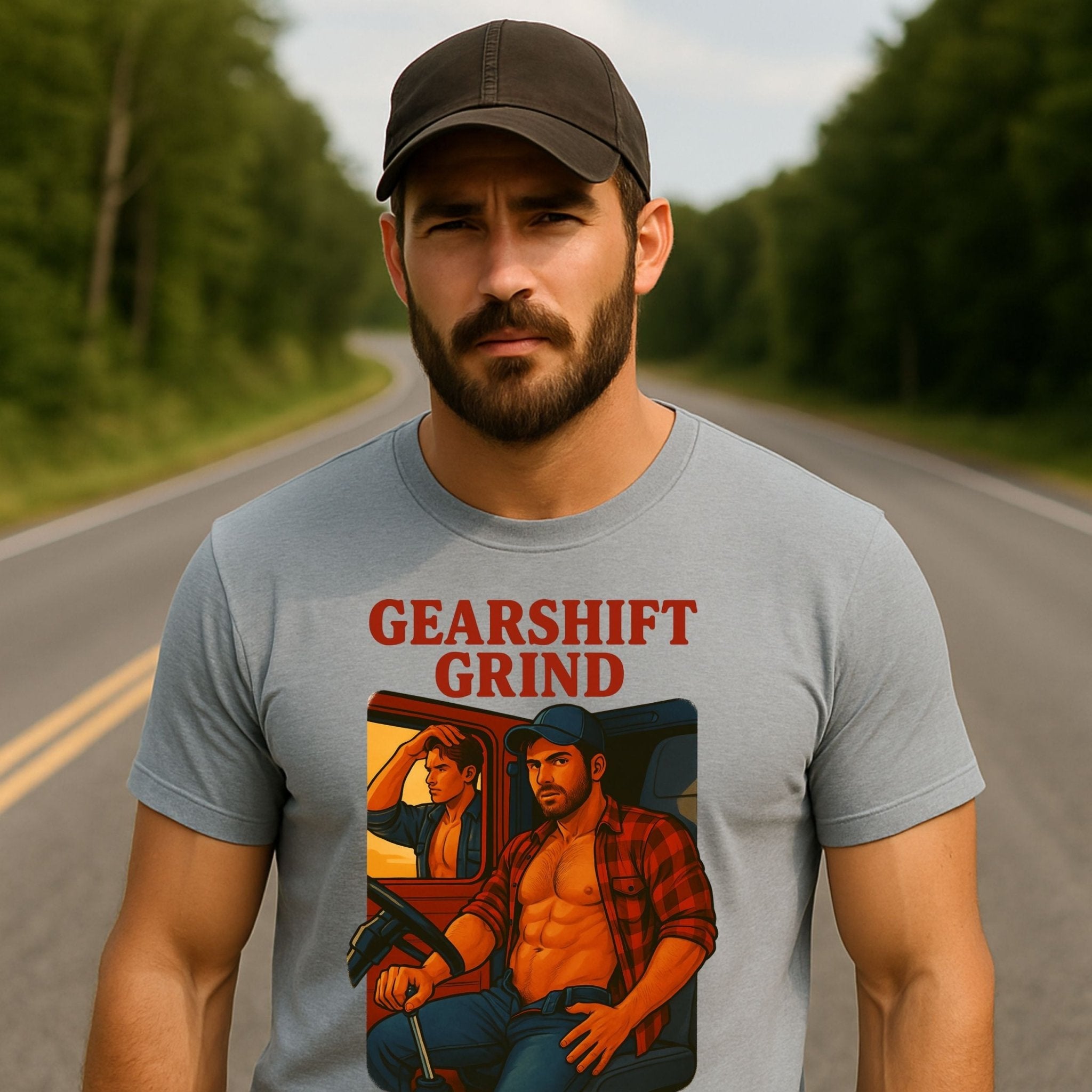 Gay Trucker T-Shirt — Hot Semi Cab Tee for Him, Muscle Fetish Daddy Top, Gearshift Grind - Craig Michael Design