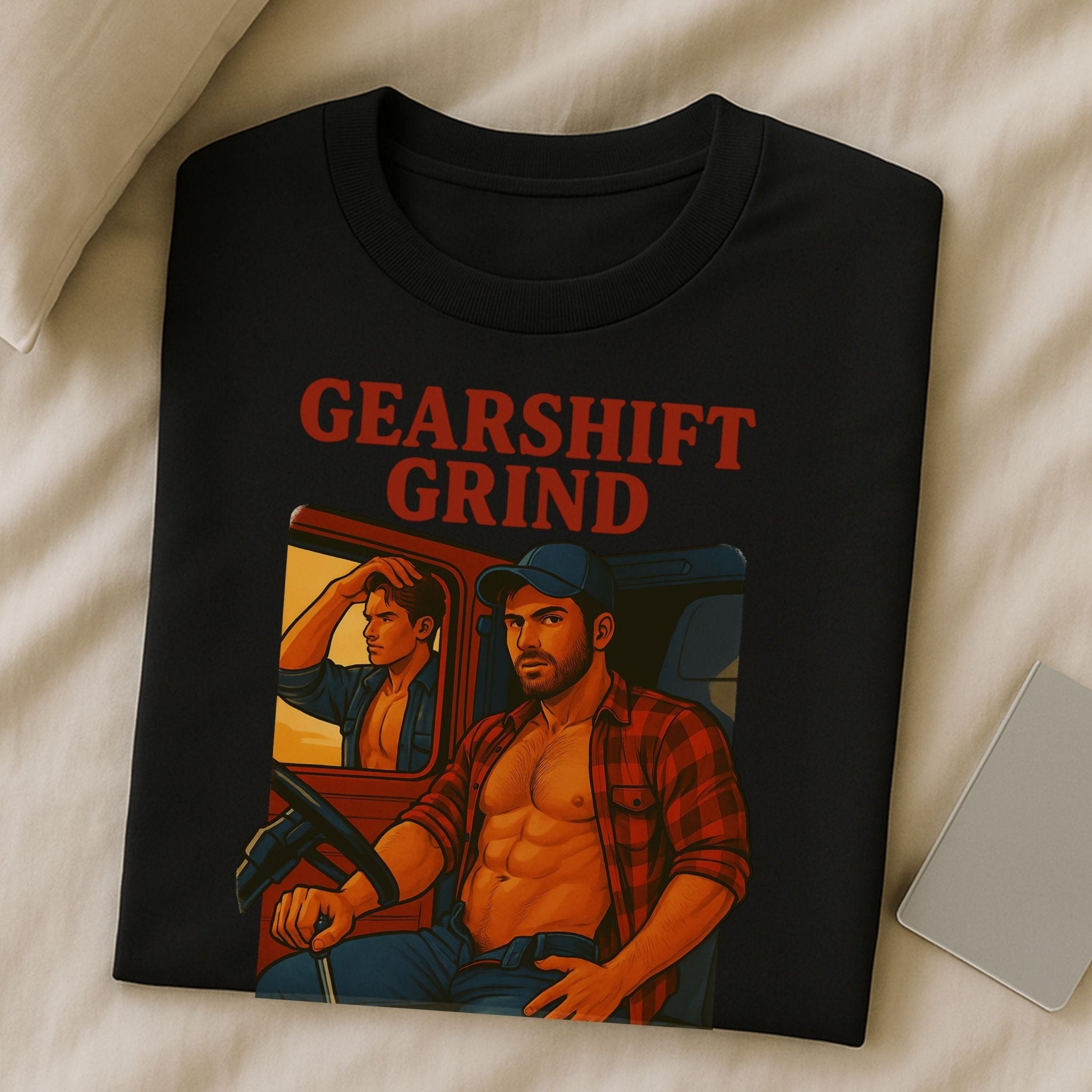 Gay Trucker T-Shirt — Hot Semi Cab Tee for Him, Muscle Fetish Daddy Top, Gearshift Grind - Craig Michael Design