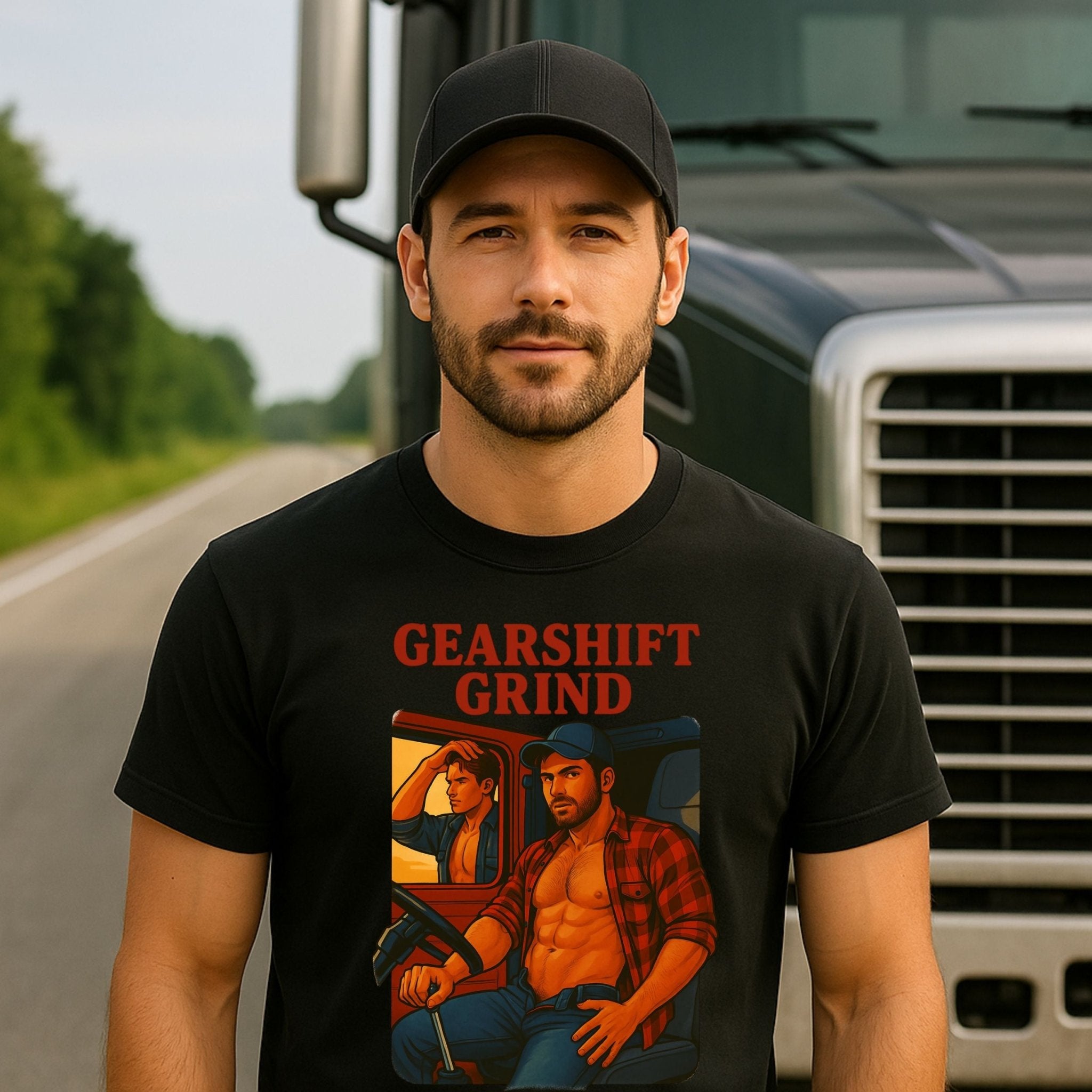 Gay Trucker T-Shirt — Hot Semi Cab Tee for Him, Muscle Fetish Daddy Top, Gearshift Grind - Craig Michael Design