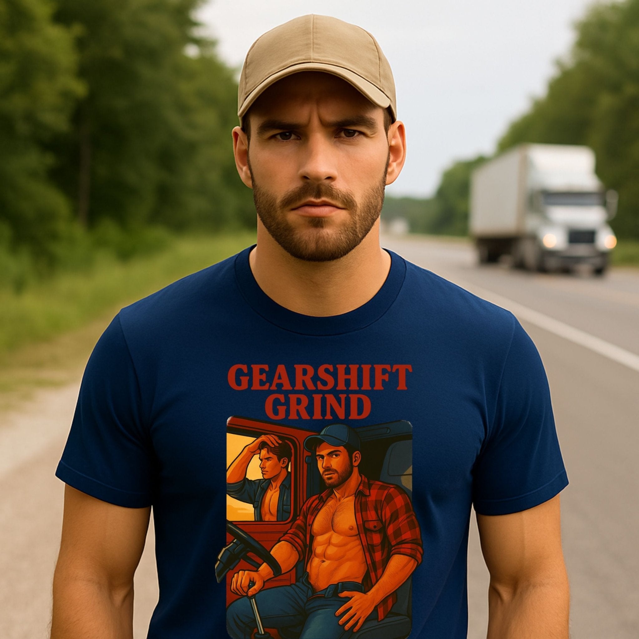 Gay Trucker T-Shirt — Hot Semi Cab Tee for Him, Muscle Fetish Daddy Top, Gearshift Grind - Craig Michael Design