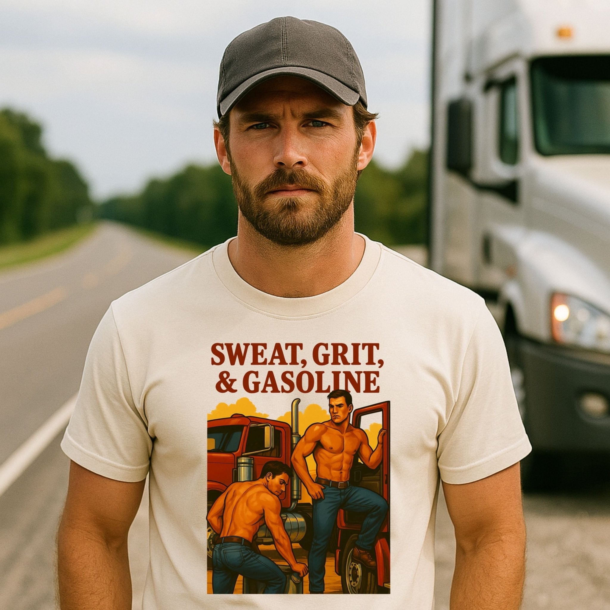 Gay Trucker T-Shirt — Rugged Pit Stop Tee for Him, Muscle Daddy Top, Dirty Roadside Fantasy, Sweat Grit and Gasoline - Craig Michael Design