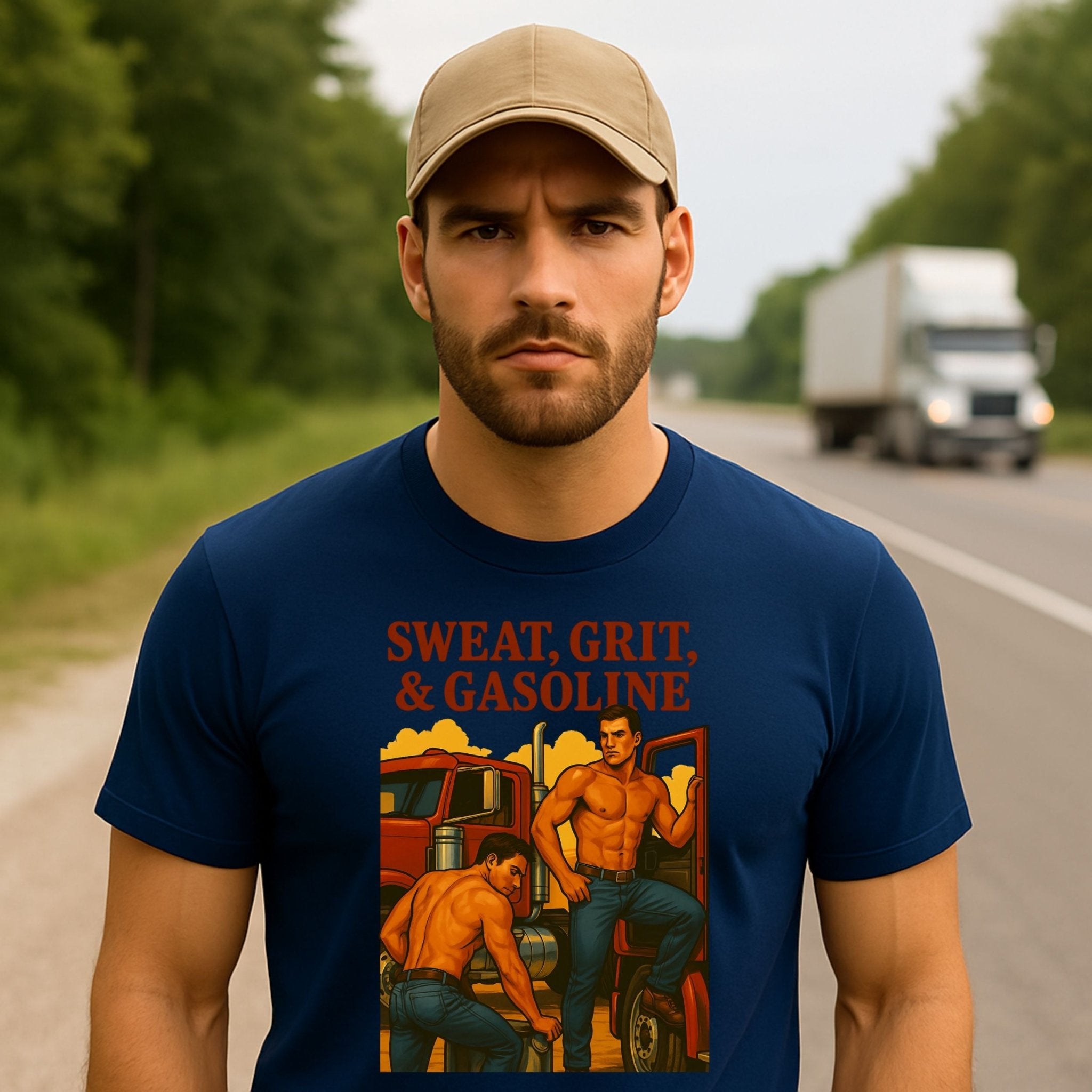 Gay Trucker T-Shirt — Rugged Pit Stop Tee for Him, Muscle Daddy Top, Dirty Roadside Fantasy, Sweat Grit and Gasoline - Craig Michael Design