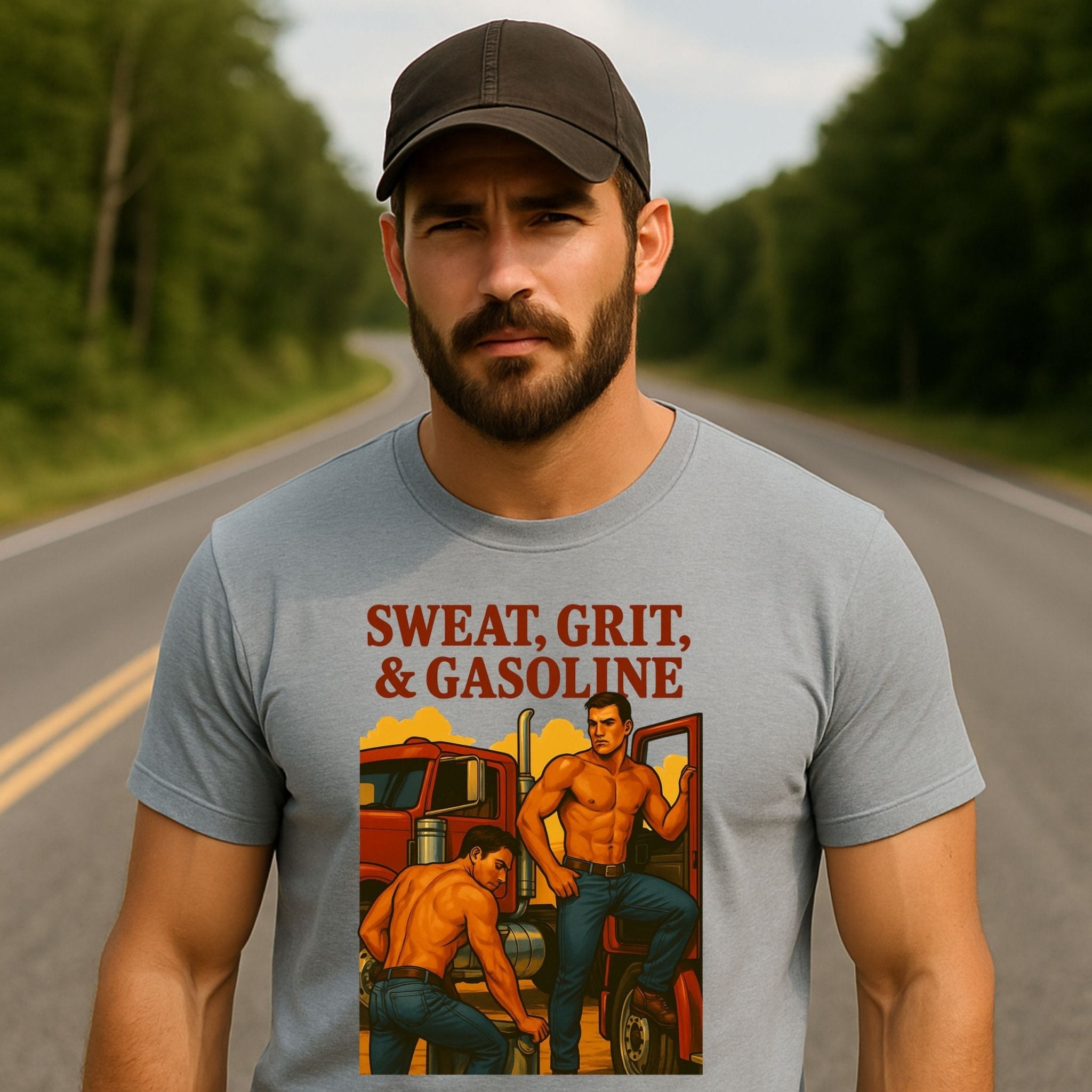 Gay Trucker T-Shirt — Rugged Pit Stop Tee for Him, Muscle Daddy Top, Dirty Roadside Fantasy, Sweat Grit and Gasoline - Craig Michael Design