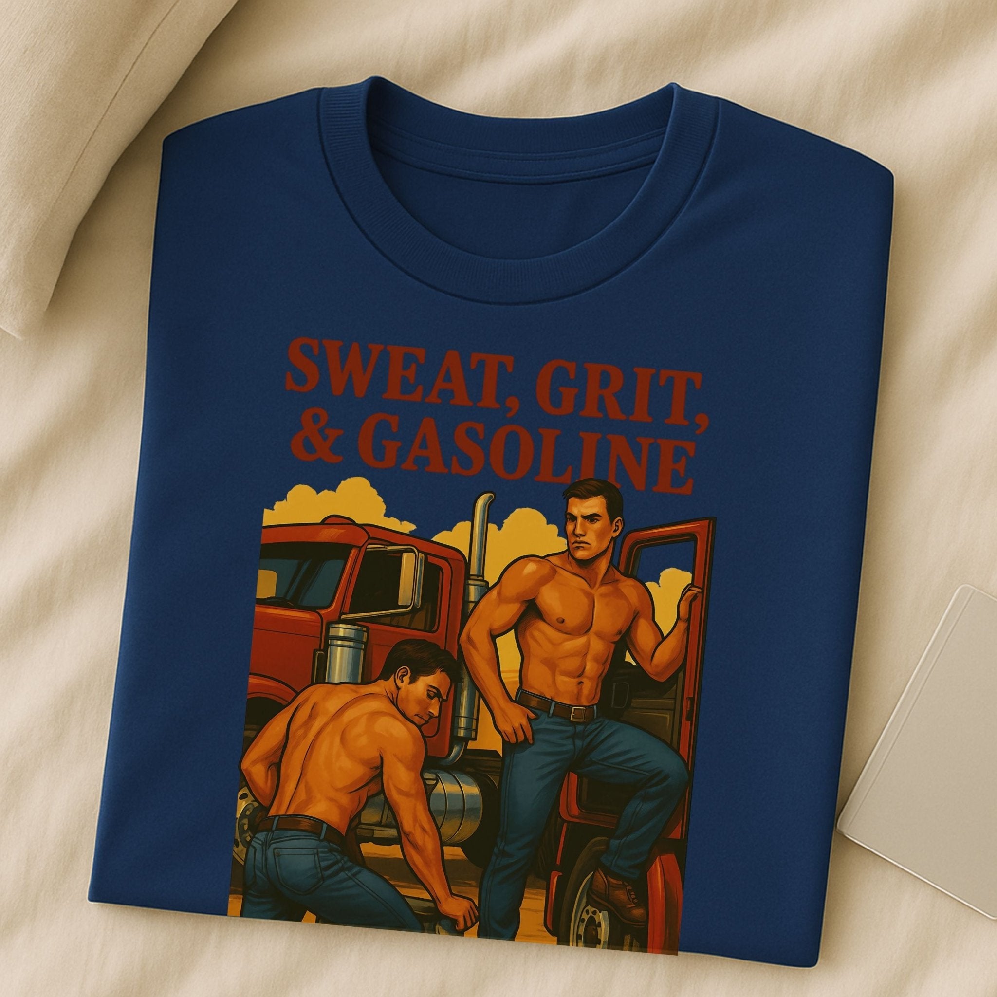 Gay Trucker T-Shirt — Rugged Pit Stop Tee for Him, Muscle Daddy Top, Dirty Roadside Fantasy, Sweat Grit and Gasoline - Craig Michael Design