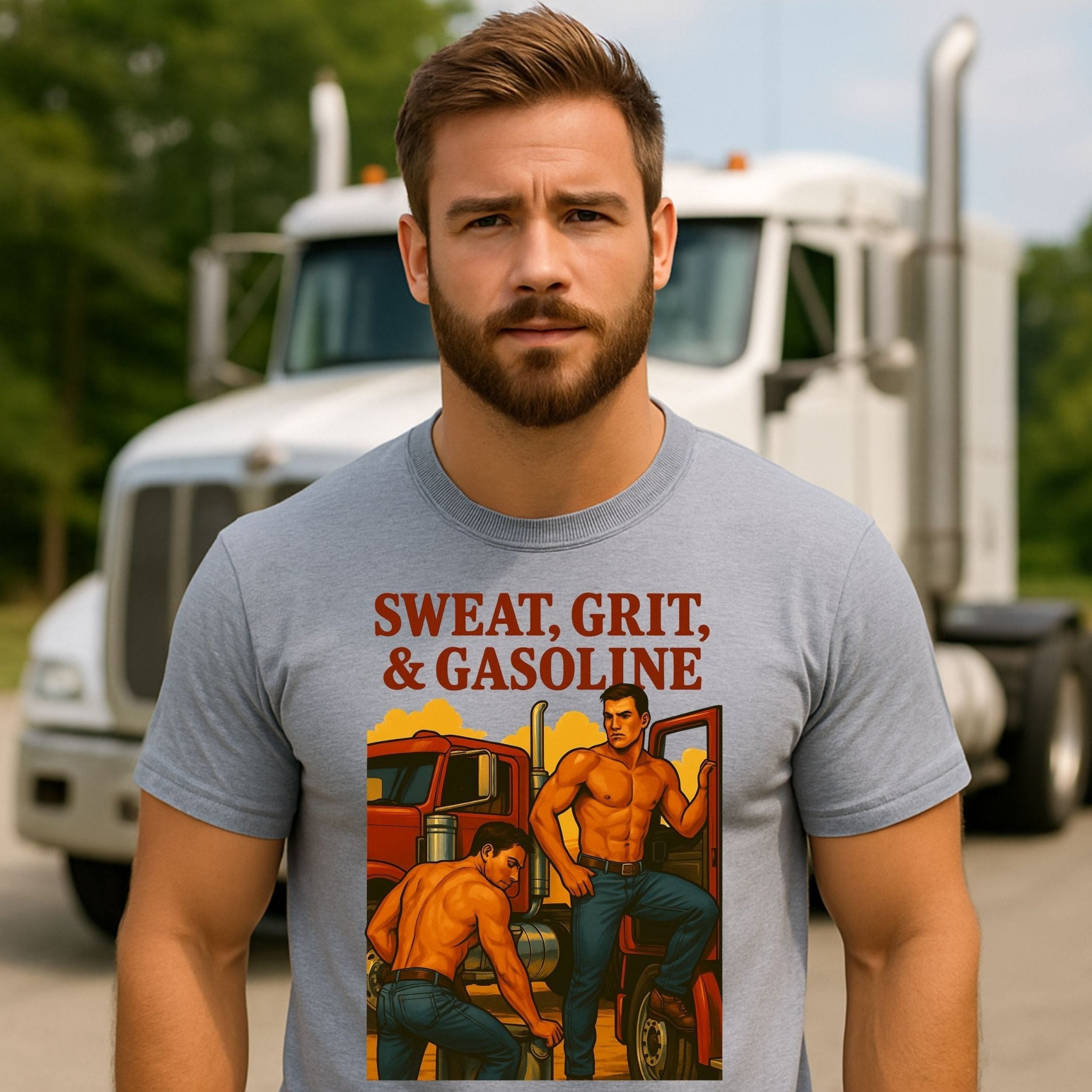Gay Trucker T-Shirt — Rugged Pit Stop Tee for Him, Muscle Daddy Top, Dirty Roadside Fantasy, Sweat Grit and Gasoline - Craig Michael Design