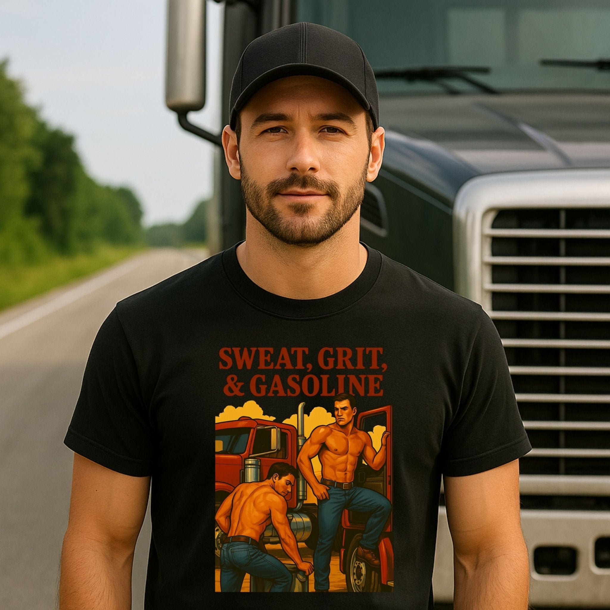 Gay Trucker T-Shirt — Rugged Pit Stop Tee for Him, Muscle Daddy Top, Dirty Roadside Fantasy, Sweat Grit and Gasoline - Craig Michael Design