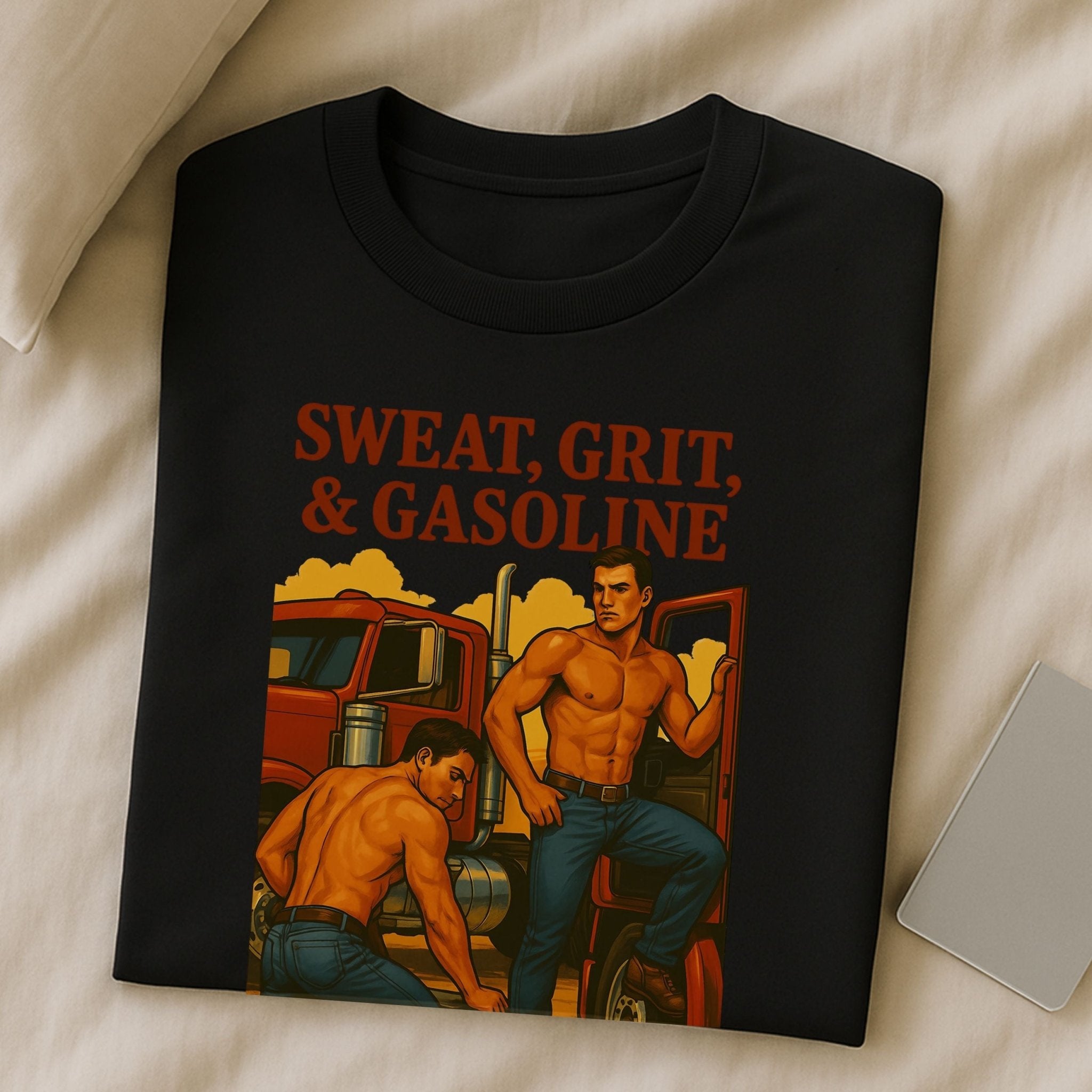 Gay Trucker T-Shirt — Rugged Pit Stop Tee for Him, Muscle Daddy Top, Dirty Roadside Fantasy, Sweat Grit and Gasoline - Craig Michael Design