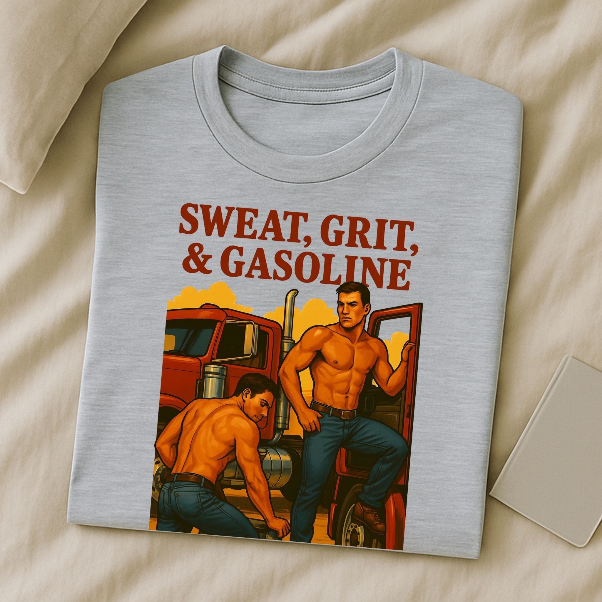 Gay Trucker T-Shirt — Rugged Pit Stop Tee for Him, Muscle Daddy Top, Dirty Roadside Fantasy, Sweat Grit and Gasoline - Craig Michael Design