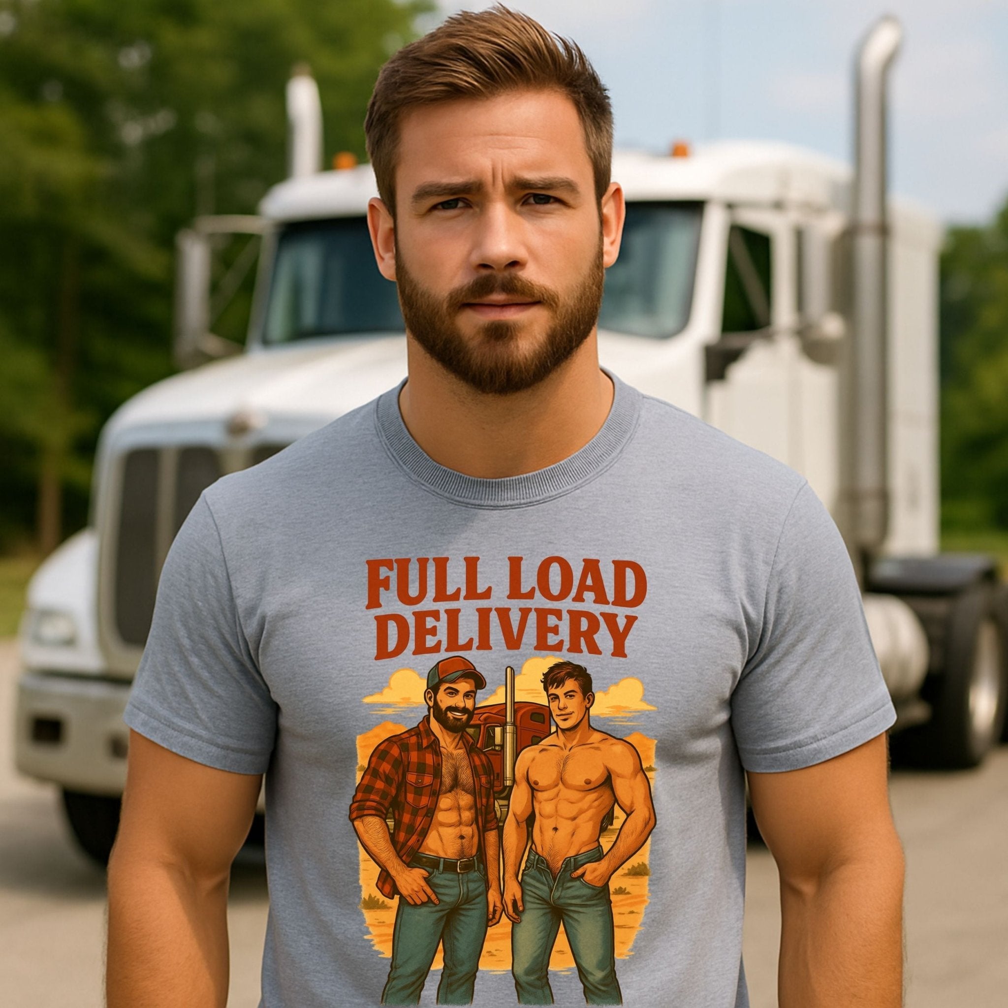 Gay Trucker T-Shirt — Sexy Muscle Daddy Tee for Him, Bold Roadside Fantasy Top, Full Load Delivery - Craig Michael Design