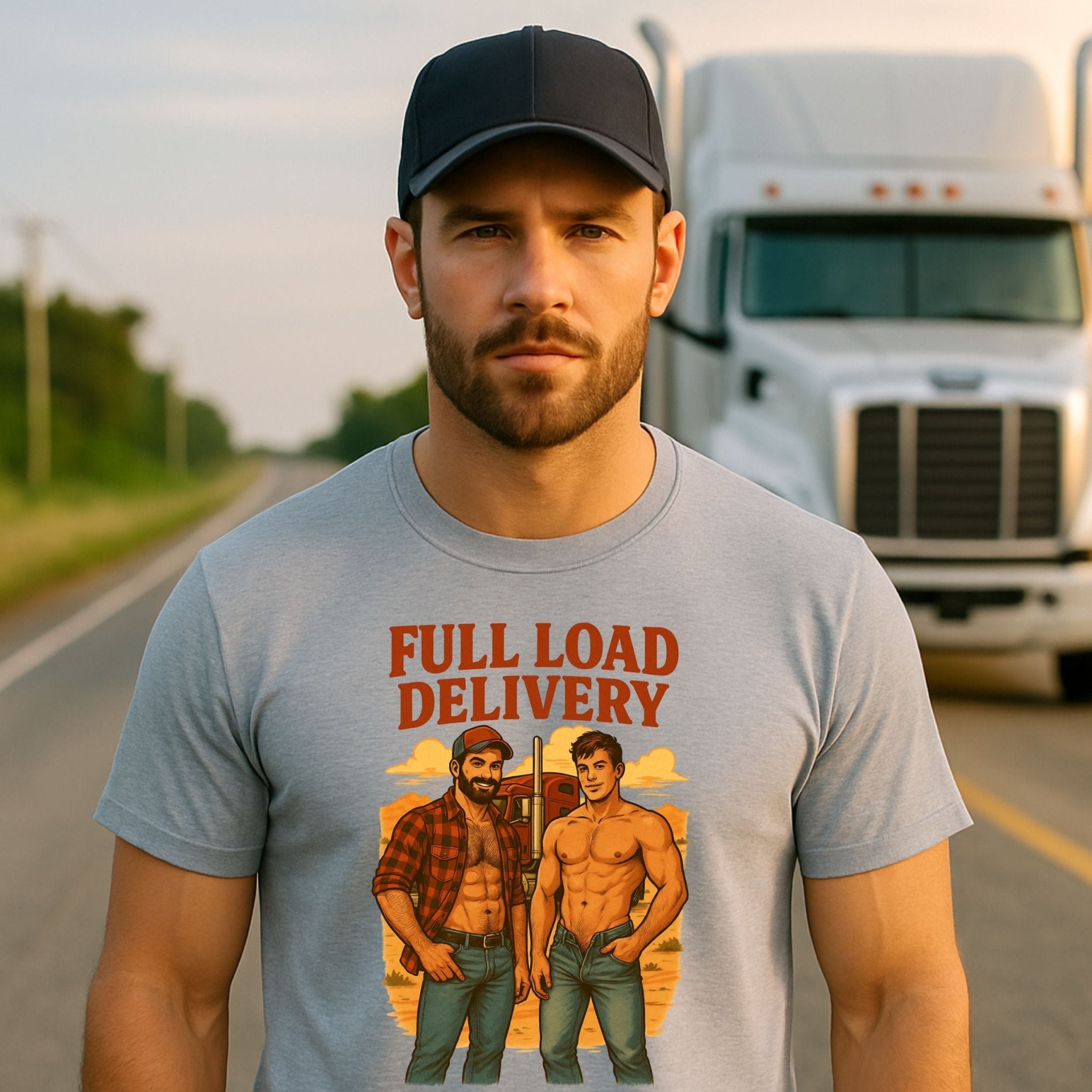 Gay Trucker T-Shirt — Sexy Muscle Daddy Tee for Him, Bold Roadside Fantasy Top, Full Load Delivery - Craig Michael Design