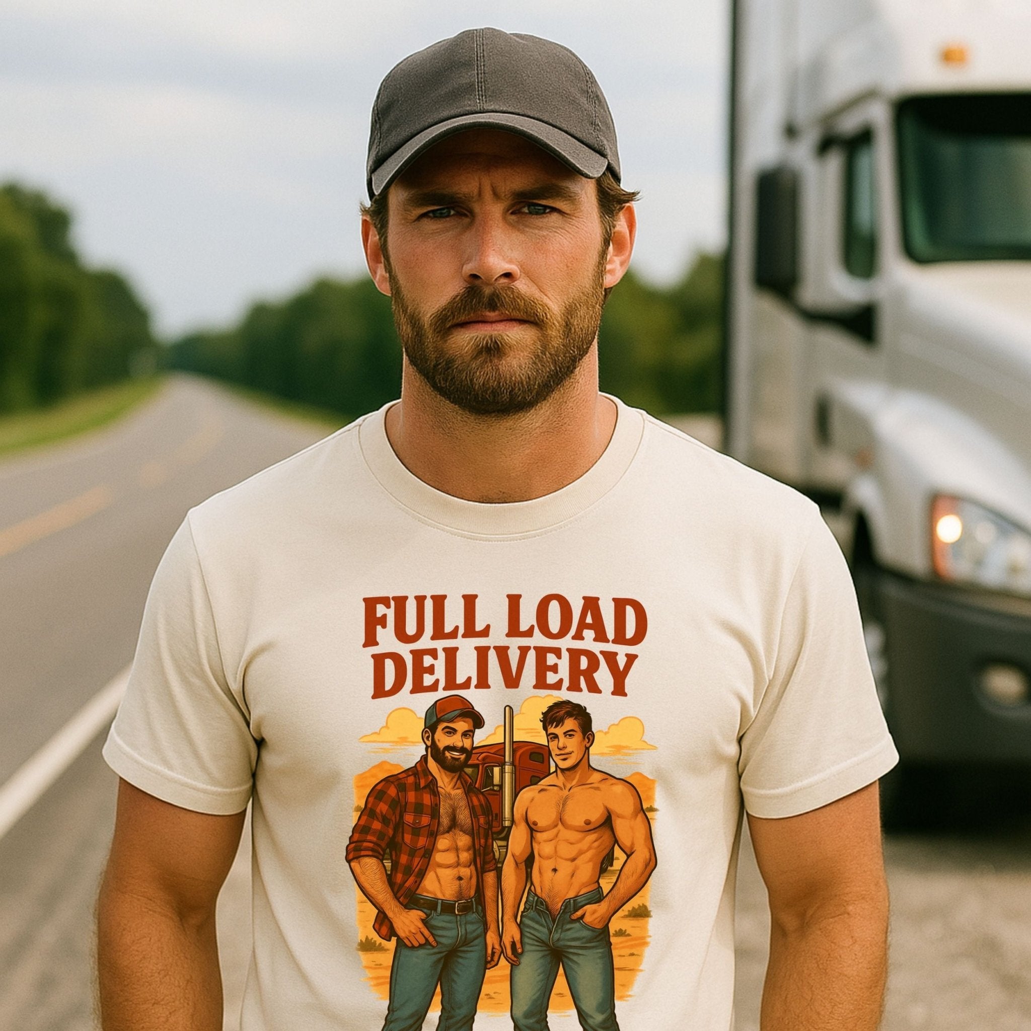 Gay Trucker T-Shirt — Sexy Muscle Daddy Tee for Him, Bold Roadside Fantasy Top, Full Load Delivery - Craig Michael Design