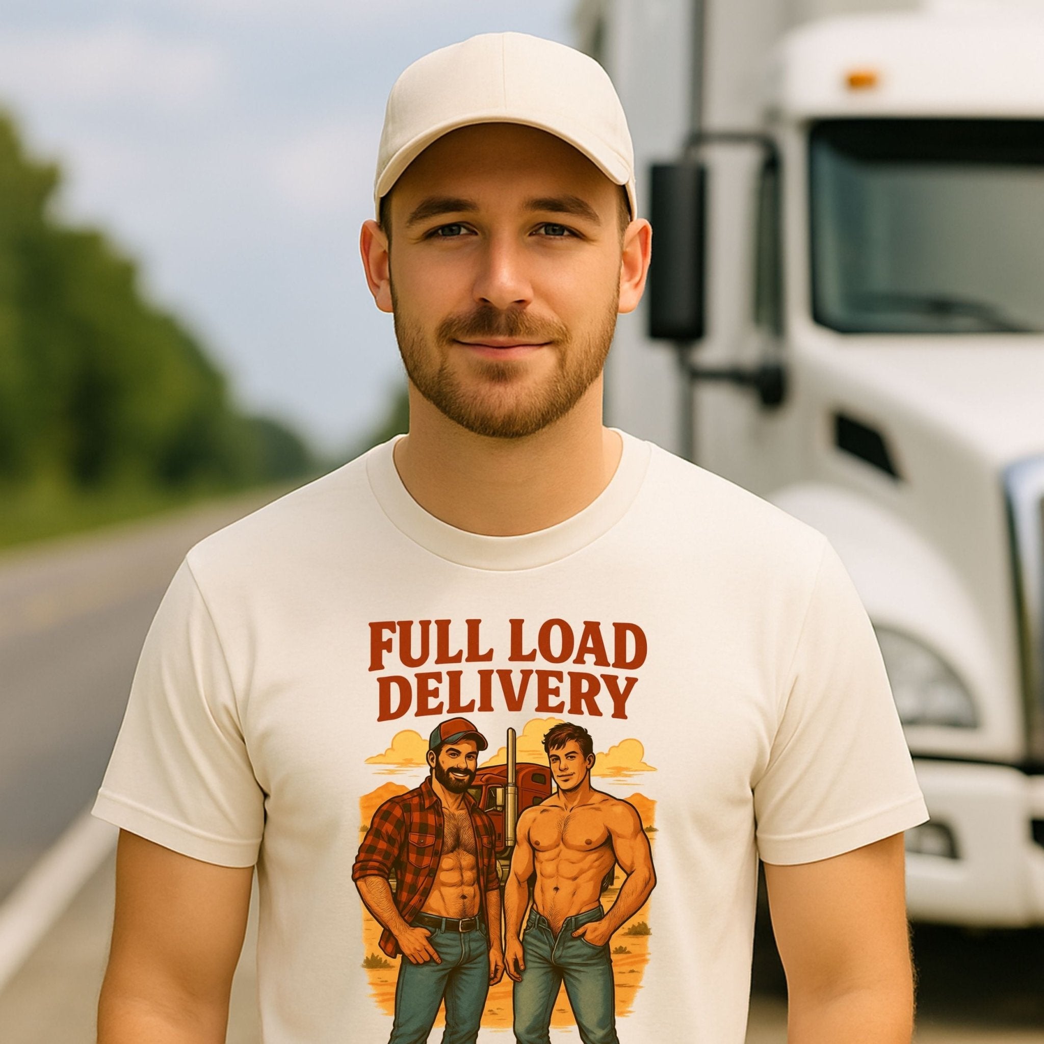 Gay Trucker T-Shirt — Sexy Muscle Daddy Tee for Him, Bold Roadside Fantasy Top, Full Load Delivery - Craig Michael Design