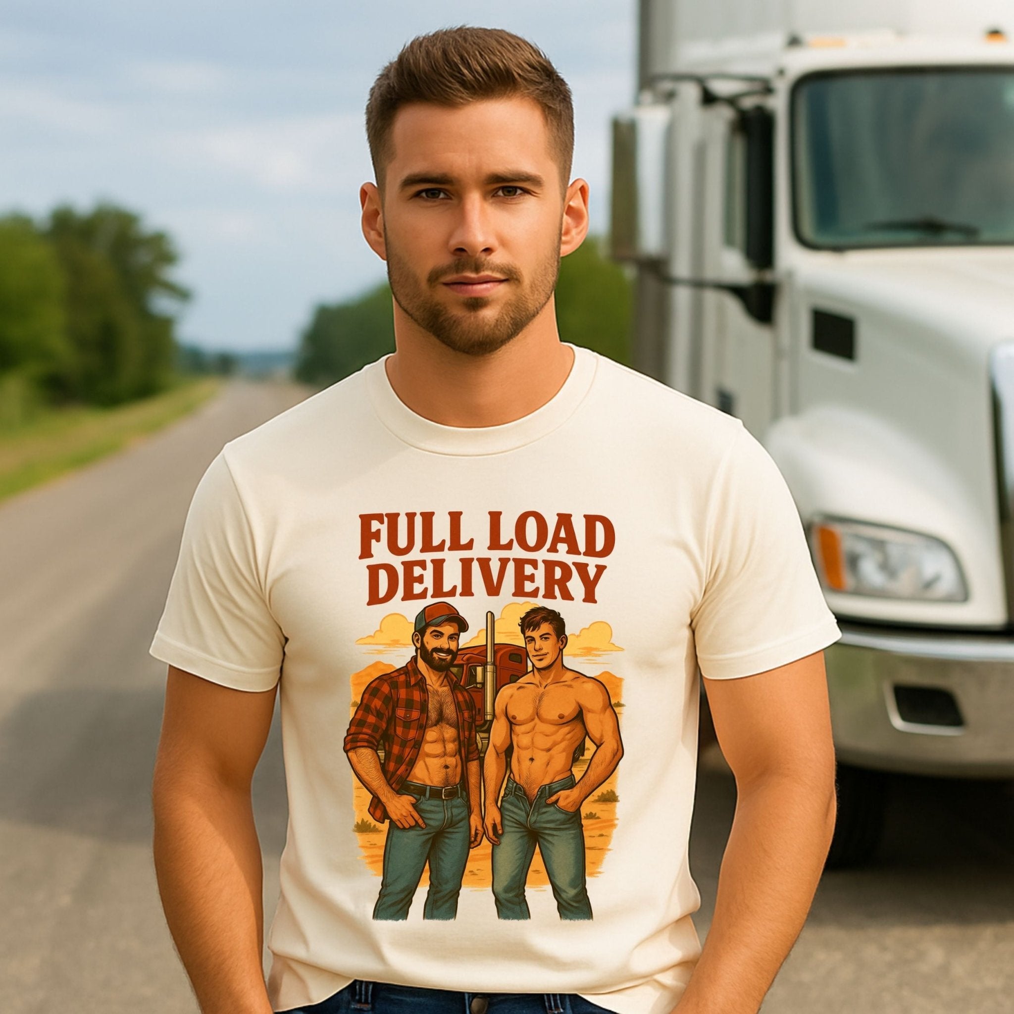Gay Trucker T-Shirt — Sexy Muscle Daddy Tee for Him, Bold Roadside Fantasy Top, Full Load Delivery - Craig Michael Design