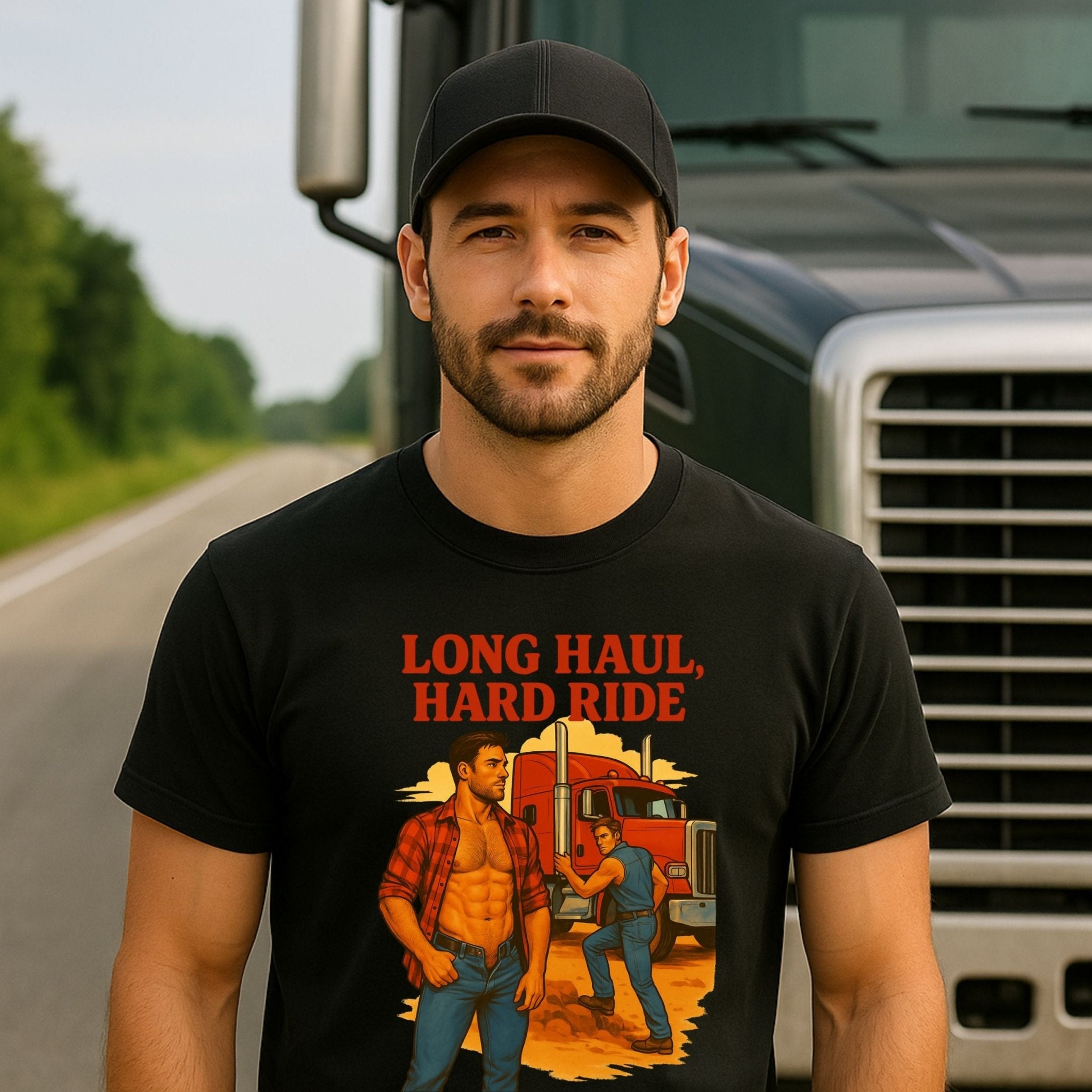 Gay Trucker T-Shirt, Sexy Roadside Daddy Top for Him, Muscle Cab Fantasy Shirt, Long Haul Hard Ride Tee - Craig Michael Design