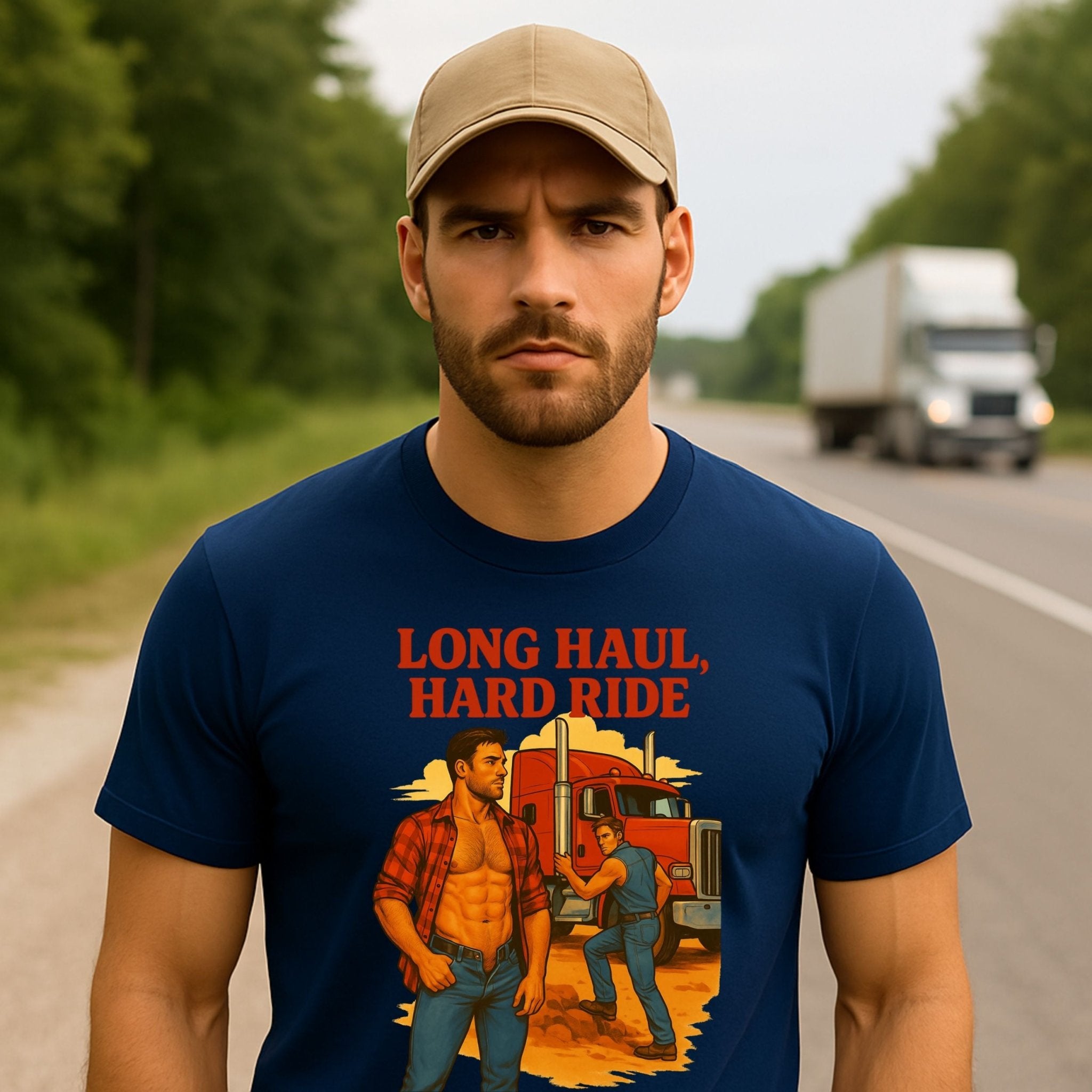 Gay Trucker T-Shirt, Sexy Roadside Daddy Top for Him, Muscle Cab Fantasy Shirt, Long Haul Hard Ride Tee - Craig Michael Design