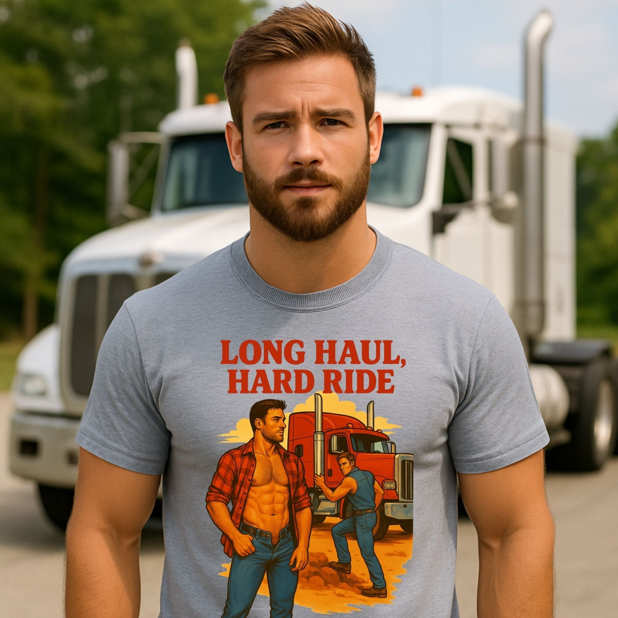 Gay Trucker T-Shirt, Sexy Roadside Daddy Top for Him, Muscle Cab Fantasy Shirt, Long Haul Hard Ride Tee - Craig Michael Design