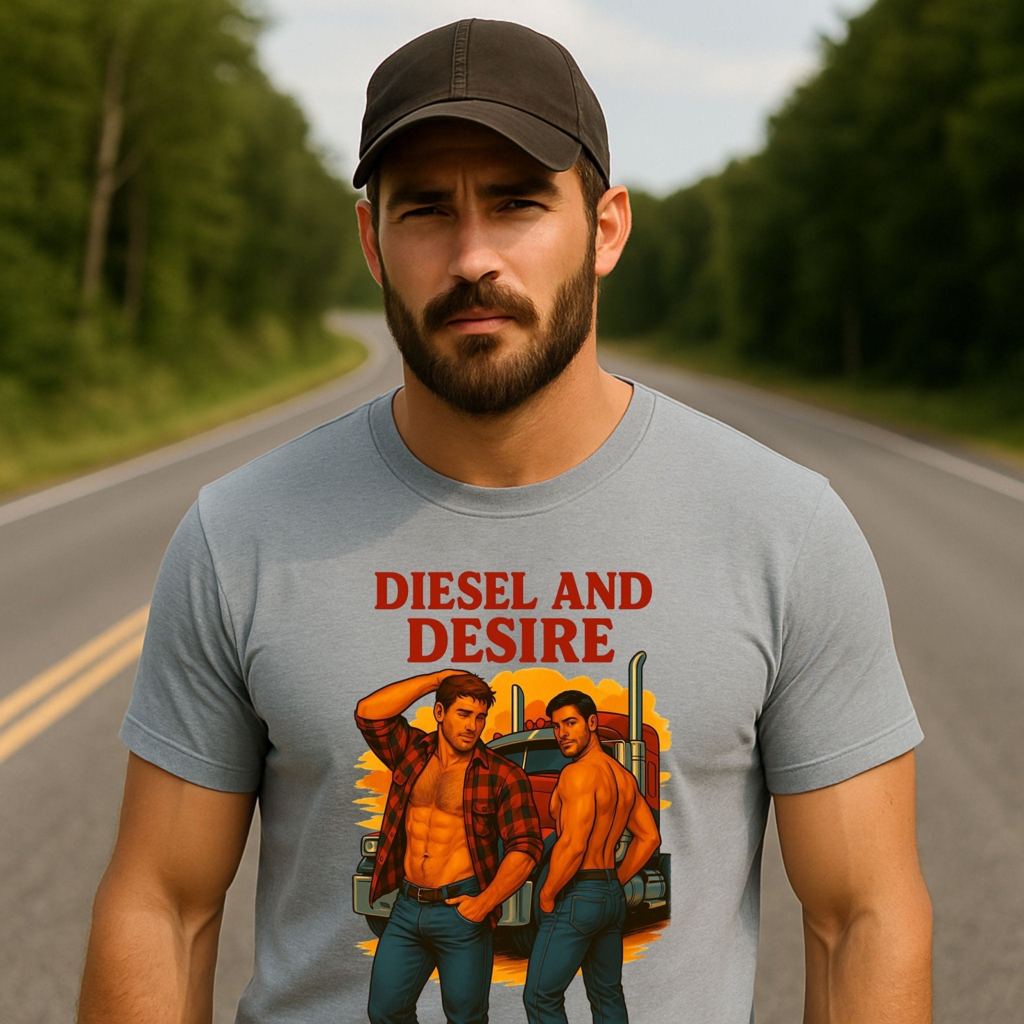 Gay Trucker T-Shirt, Shirtless Cab Tease Top for Him, Sexy Diesel Daddy Tee, Diesel and Desire T-Shirt - Craig Michael Design